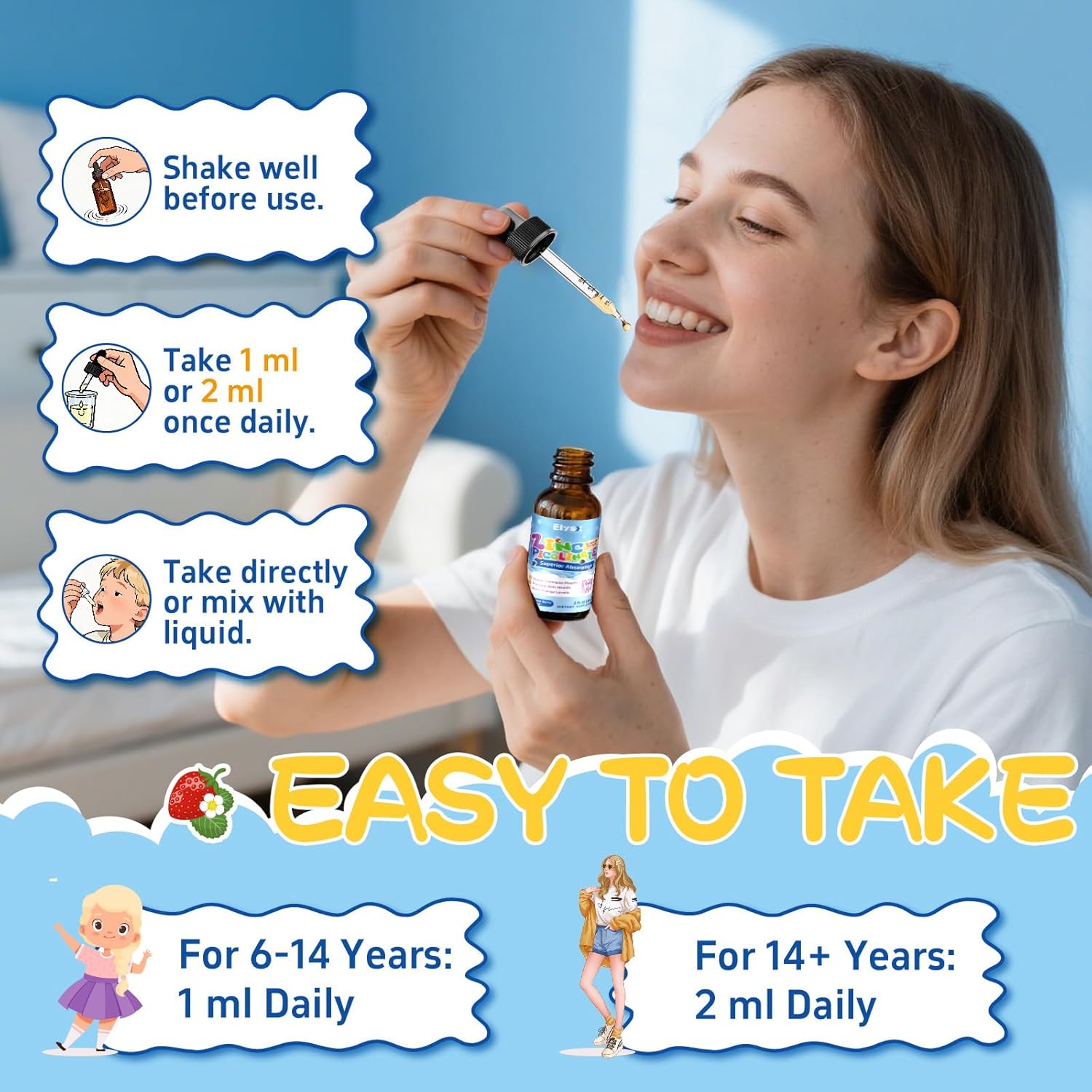 Zinc Picolinate Copper Liquid Drops, Celated Zinc 30mg with Copper, Selenium for Kids & Adults, Immune Support & Skin Health, Mixed Berry Flavor, 2 FL OZ