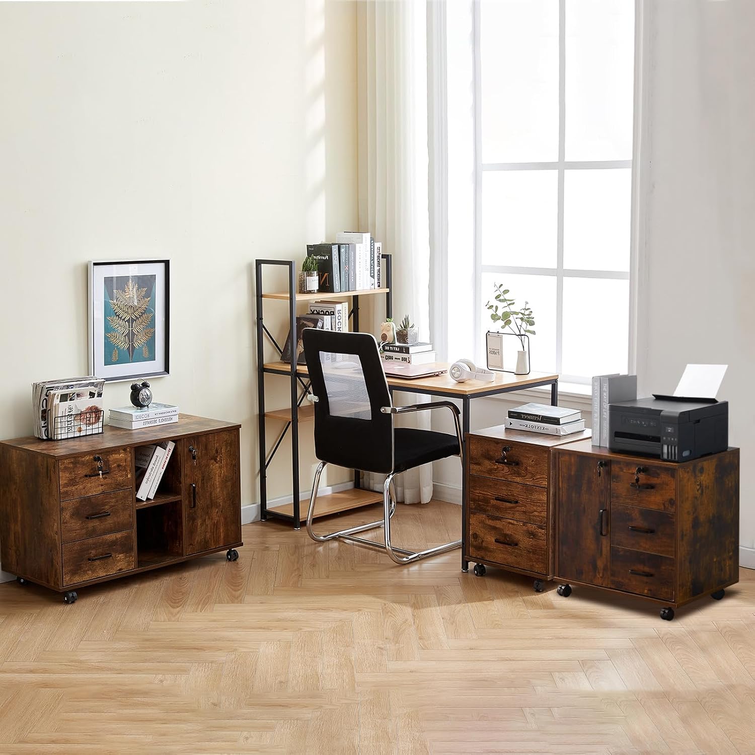TUKAILAi 3-Drawer Mobile Filing Cabinet Lockable – Under Desk Pedestal on Castors, Printer Stand & Stationery Storage Unit for Home Office, Rolling File Drawer (Brown)