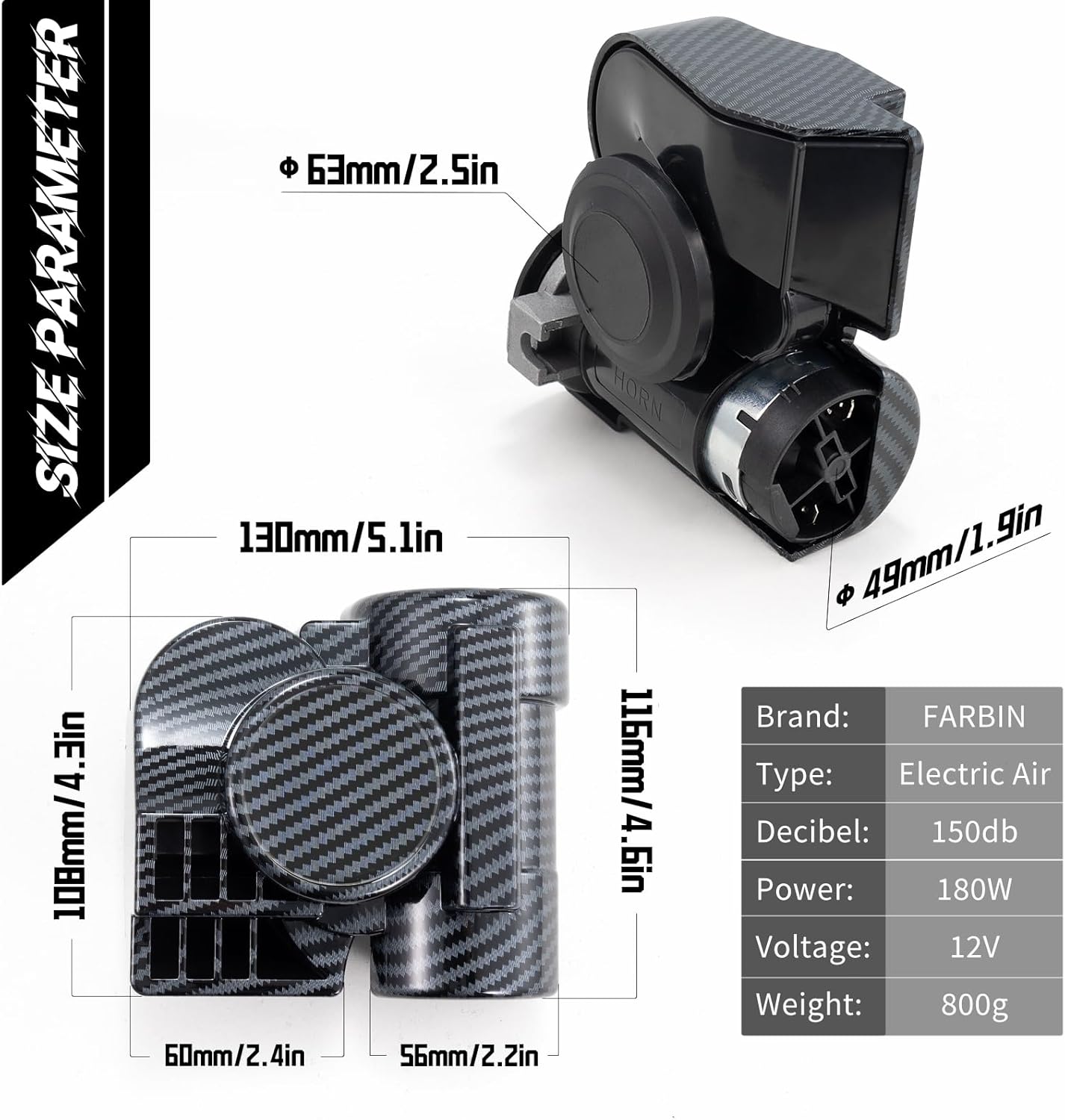 FARBIN Train Horns for Motorcycle Car Truck Air Horn with Horn Cover for Motorcycle 12V Car Horns 150DB Super Loud Horn for Motorbike Truck Boat Pickup (12V, Black Shell with Button)