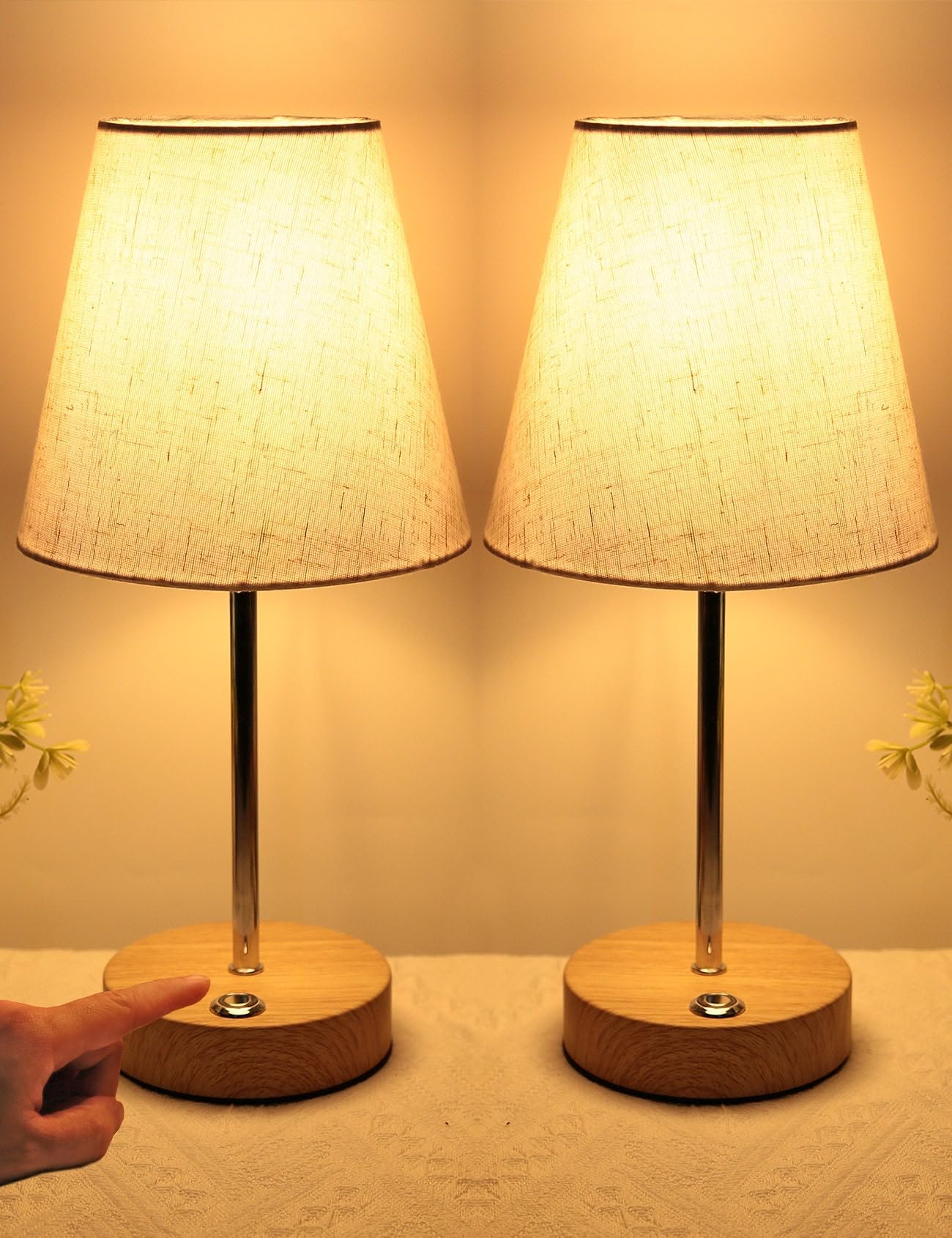 HSLighting Cordless Table lamp Touch Control, 2 Pack Battery Operated Fabric Shade Desk Lamp with Brightness 5%-100% Stepless Dimmable Rechargeable Bedside Lamp for Dining Room Bedroom Bedside Bar