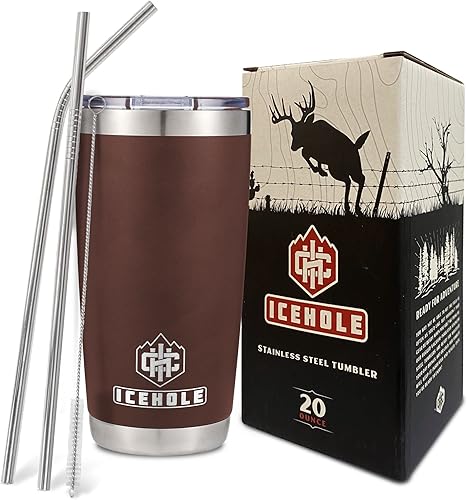 ICEHOLE Vaso de 20 onzas con tapa y popote a prueba de fugas  Taza de café aislada al vacío de acero inoxidable  Taza de viaje a prueba de sudor con