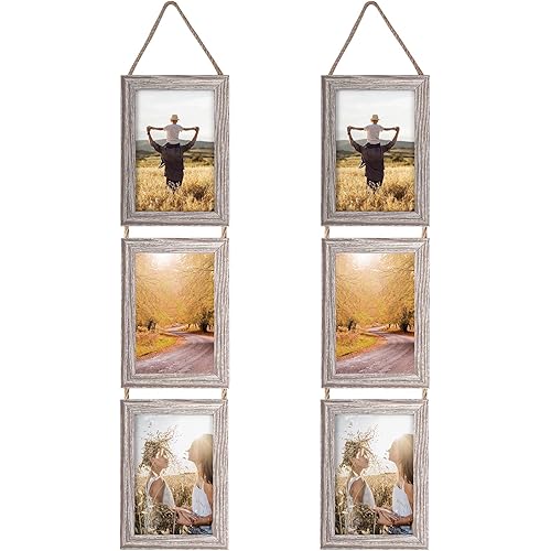 Lavezee 4x6 Collage Hanging Triple Picture Frames Set, Rustic 6 Opening Vertical Frame Made to Display 4 by 6 Inch Photo Postcard for Wall Decor