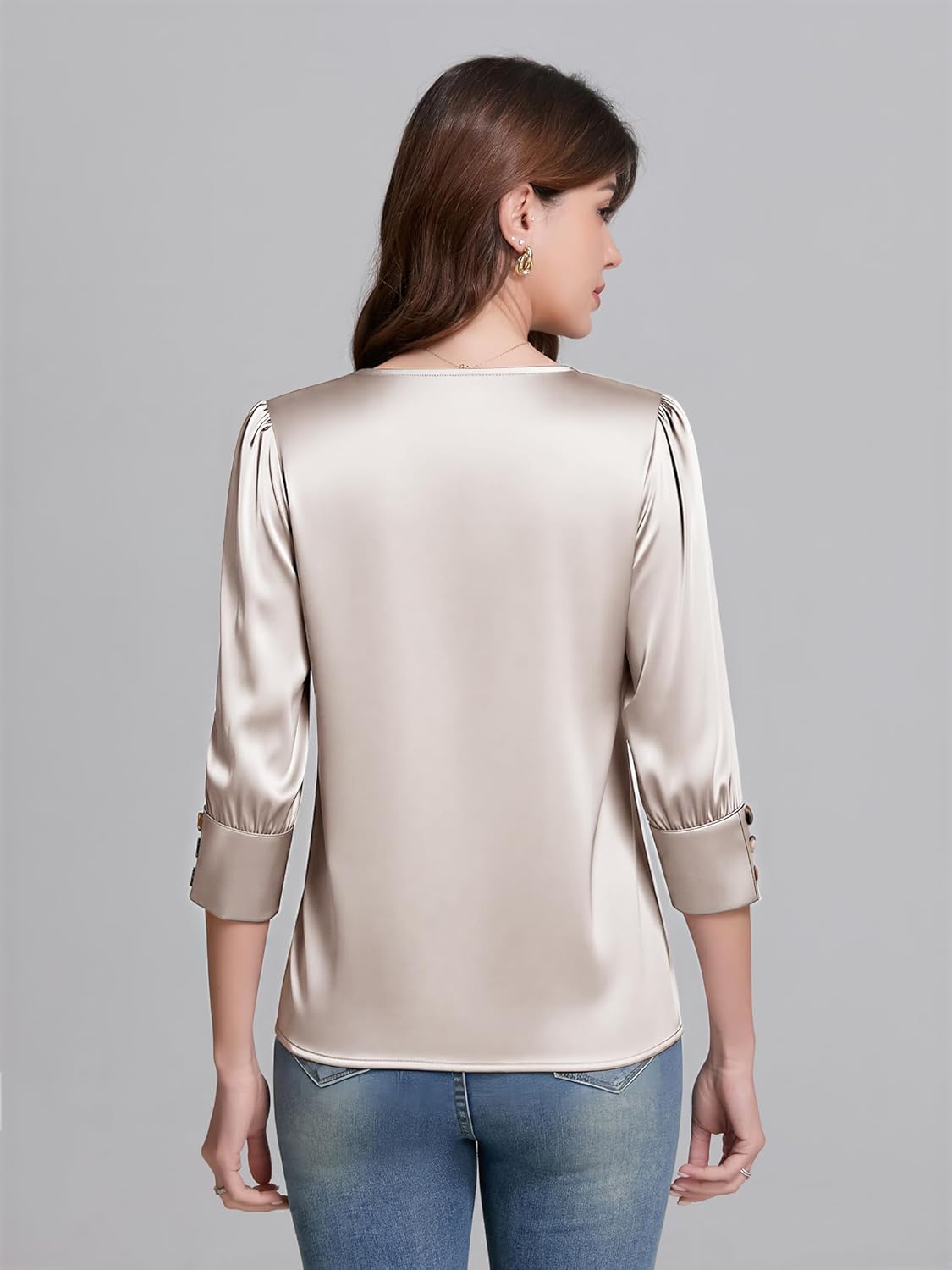 3/4 Length Sleeve Womens Tops Dressy Casual Silk Satin Blouses V Neck Business Work Shirts - Image 6
