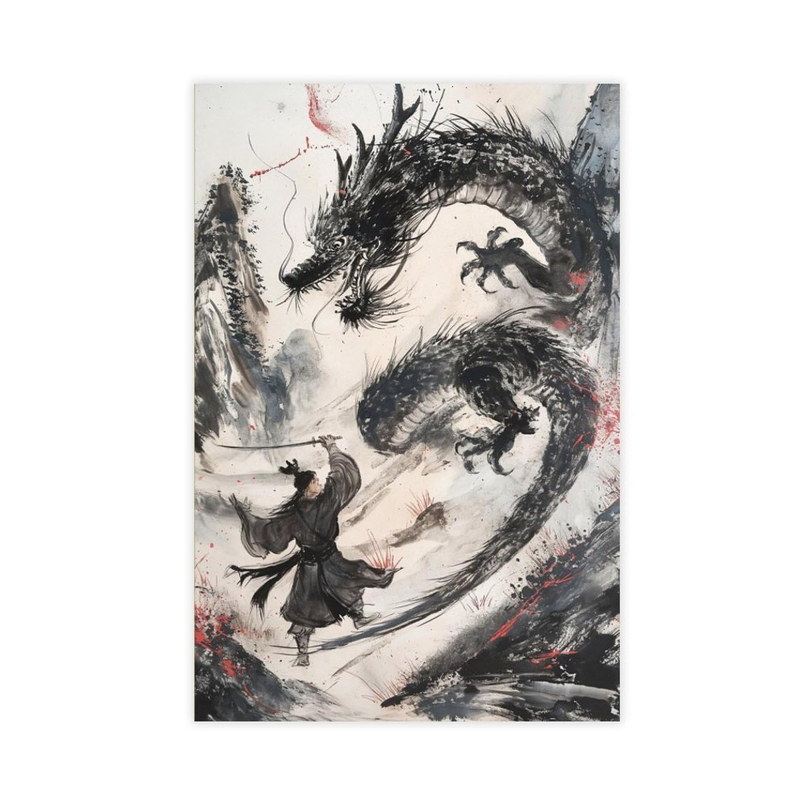 Bareronor Japanese Dragon And Samurai Canvas Poster Bedroom Decor Landscape Office Room Decor Gift 24" L X 36" W