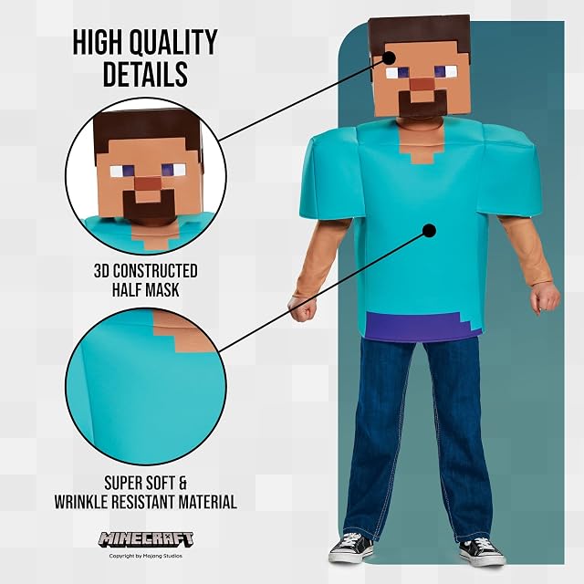 Foto 3 de 7 de Disguise DISK65639L - Disfraz clásico de Steve Minecraft, disfraz de Halloween para niños, unisex, azul…