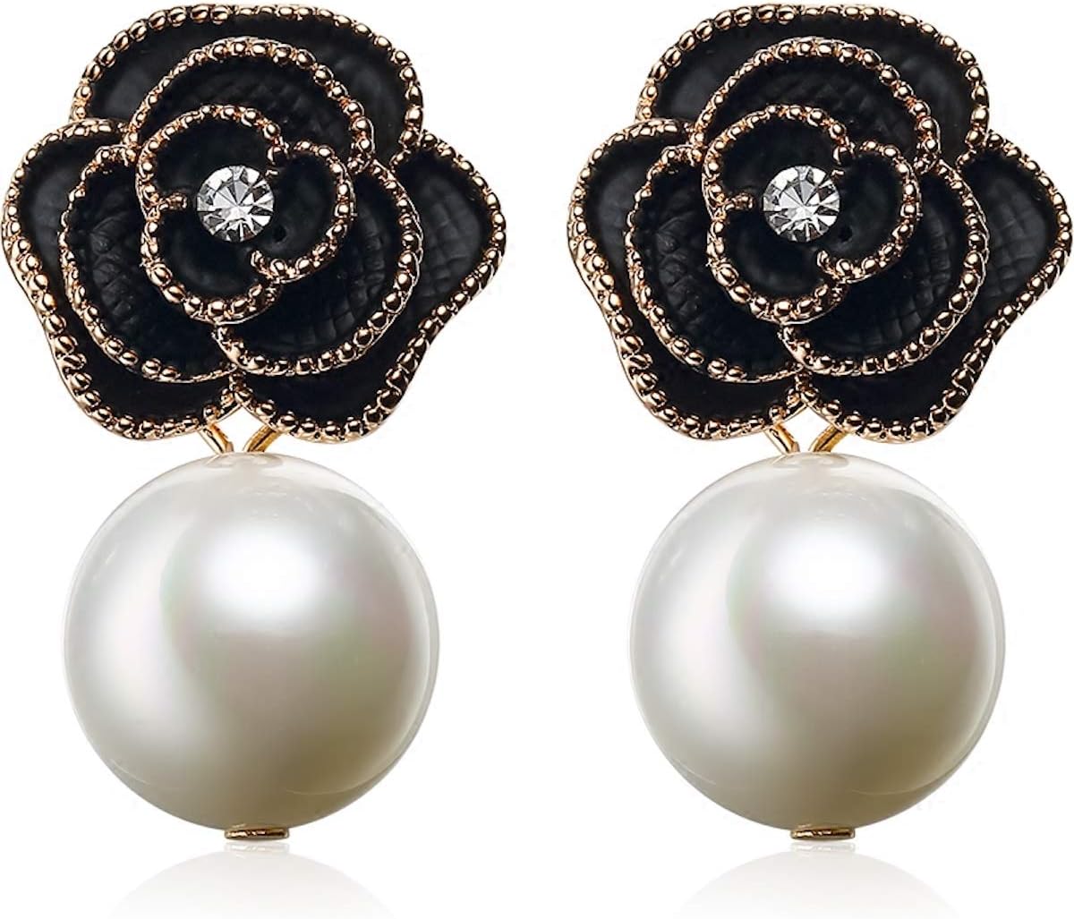 MISASHABlack Camellia Pearl Dangle Earrings – Lightweight Designer‑Inspired Floral Drop Earrings for Women | Bridal, Wedding, Prom, Gift