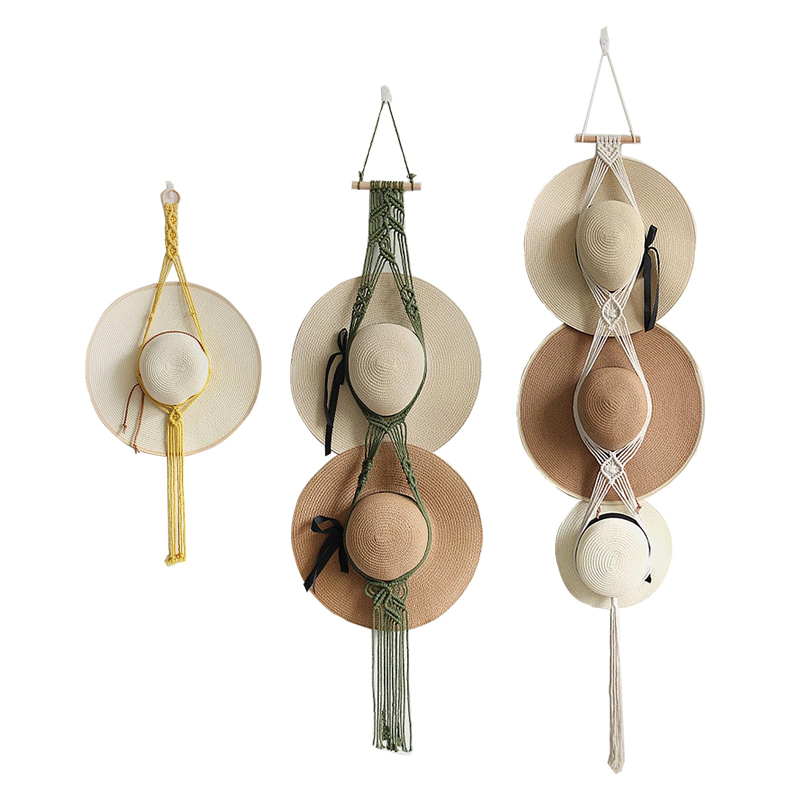 3 ganci per cappelli in macramè, tessuto a mano, supporto per cappelli da parete, supporto da parete per cappello da cowboy, porta cappelli, organizer per cappelli Fedora con tesa larga, appendiabiti