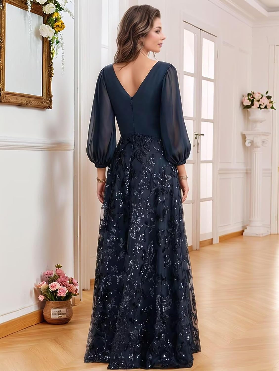 Lace Applique Mother of The Bride Dresses Long Sleeve Chiffon Grandmother of The Groom Dress V Neck Formal Gown