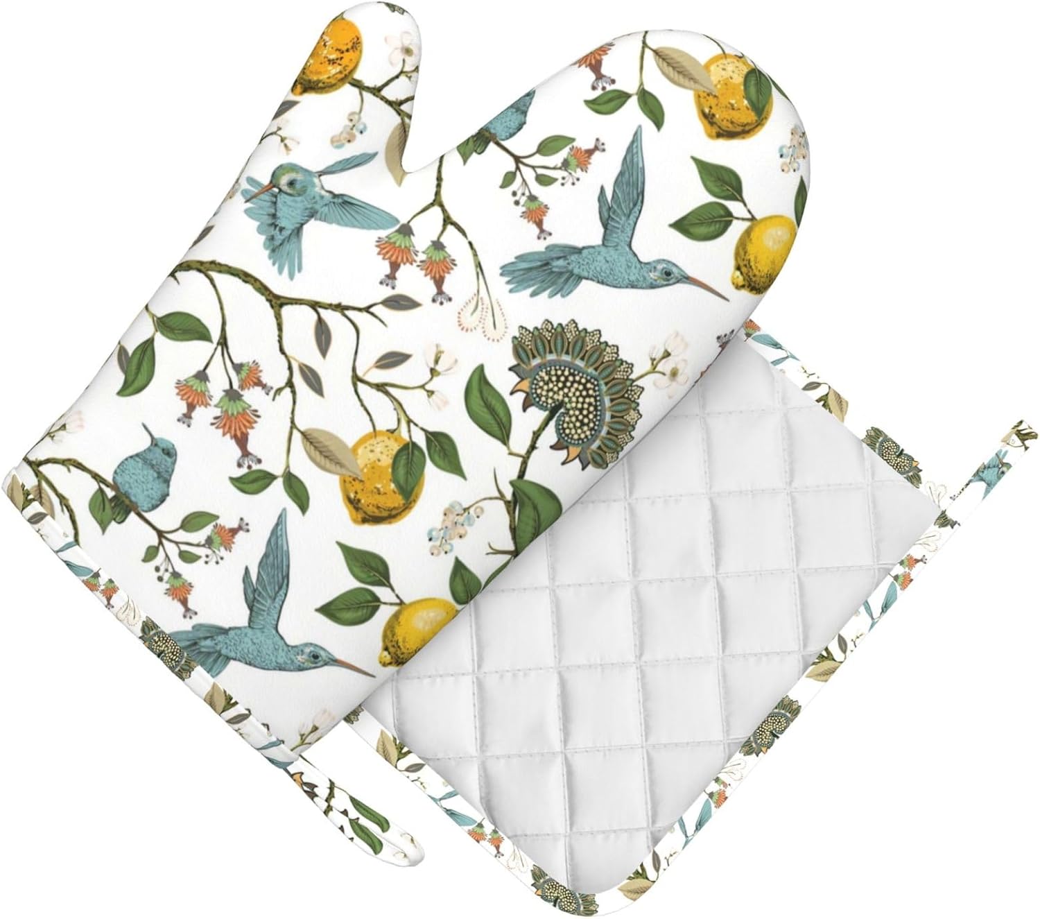 Hummingbird Lemon Flowers Oven Mitts and Pot Holders Sets, Home Silicone Heat Resistant BBQ Gloves for Kitchen Baking Cooking Grilling Microwave