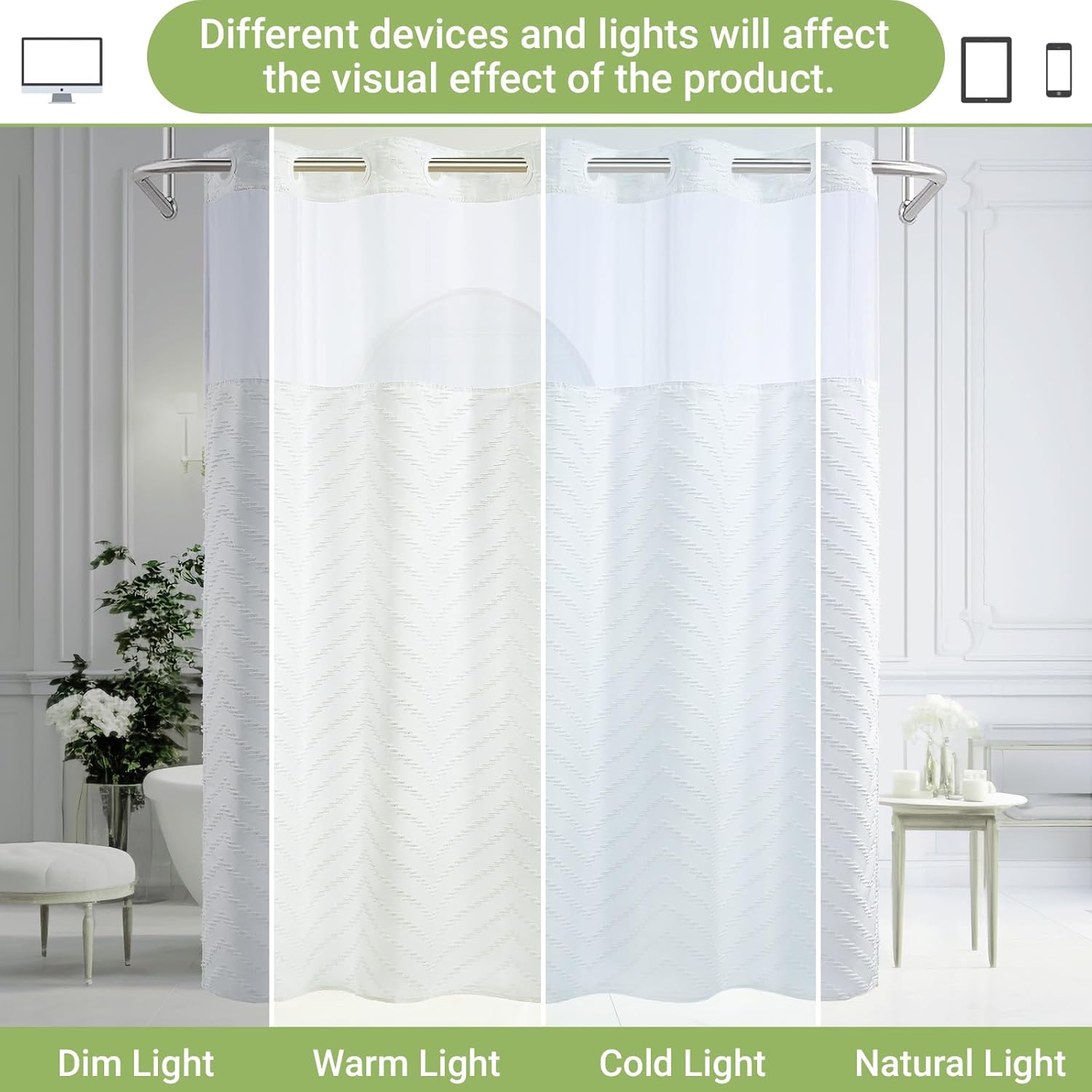Extra Long No Hook Shower Curtain with Snap in Liner, Tufted Chevron Striped Shower Curtain Set for Bathroom, Boho Waterproof and Washable Shower Curtains,71Wx86H, White