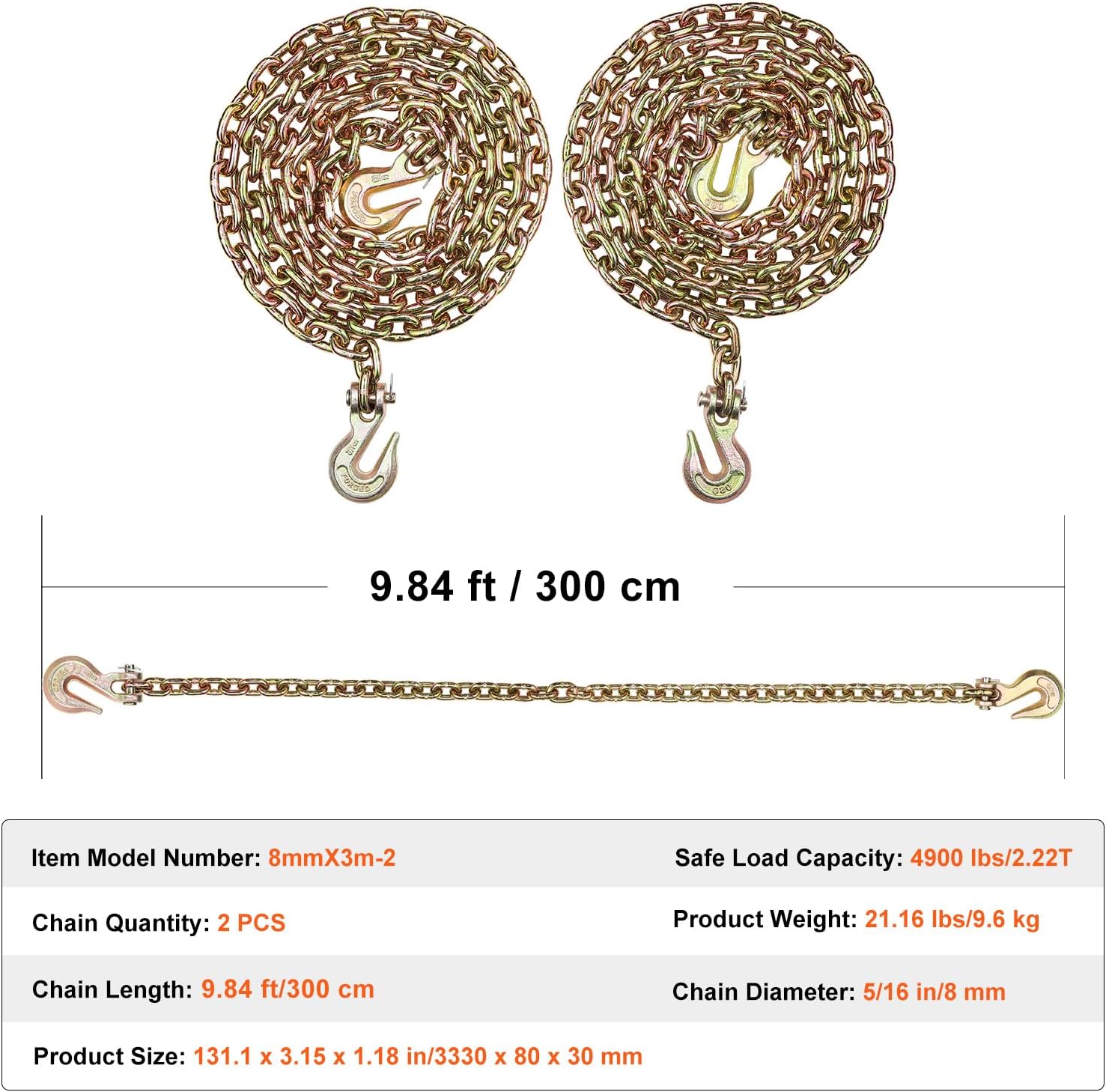 VEVOR G80 Transport Binder Chain, 5/16" x 9.84' 2-Pack Tow Chain with Clevis Grab Hooks, 4900 lbs Safe Working Load, Heavy Duty Logging Chain for Transporting Towing Truck Tie Down Binding Equipment
