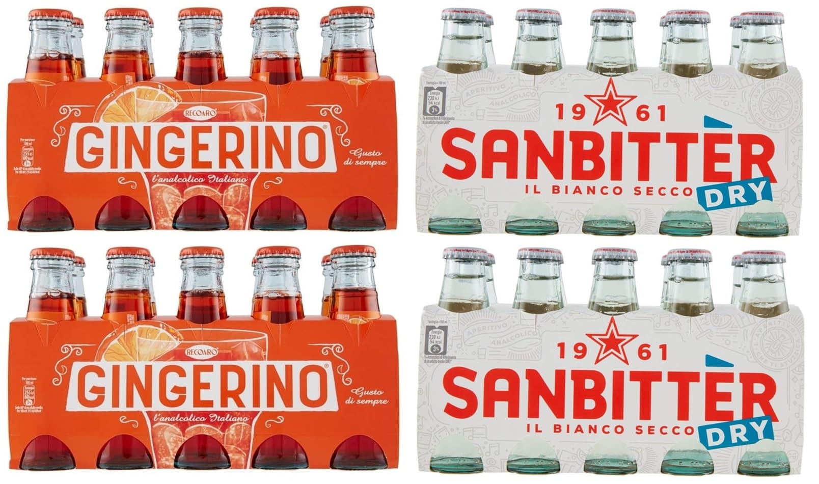 40er-Pack Testpaket San Bitter Dry Weiß + Gingerino Recoaro Erfrischendes alkoholfreies Getränk,Italienischer Aperitif,10cl Einweg-Glasflasche