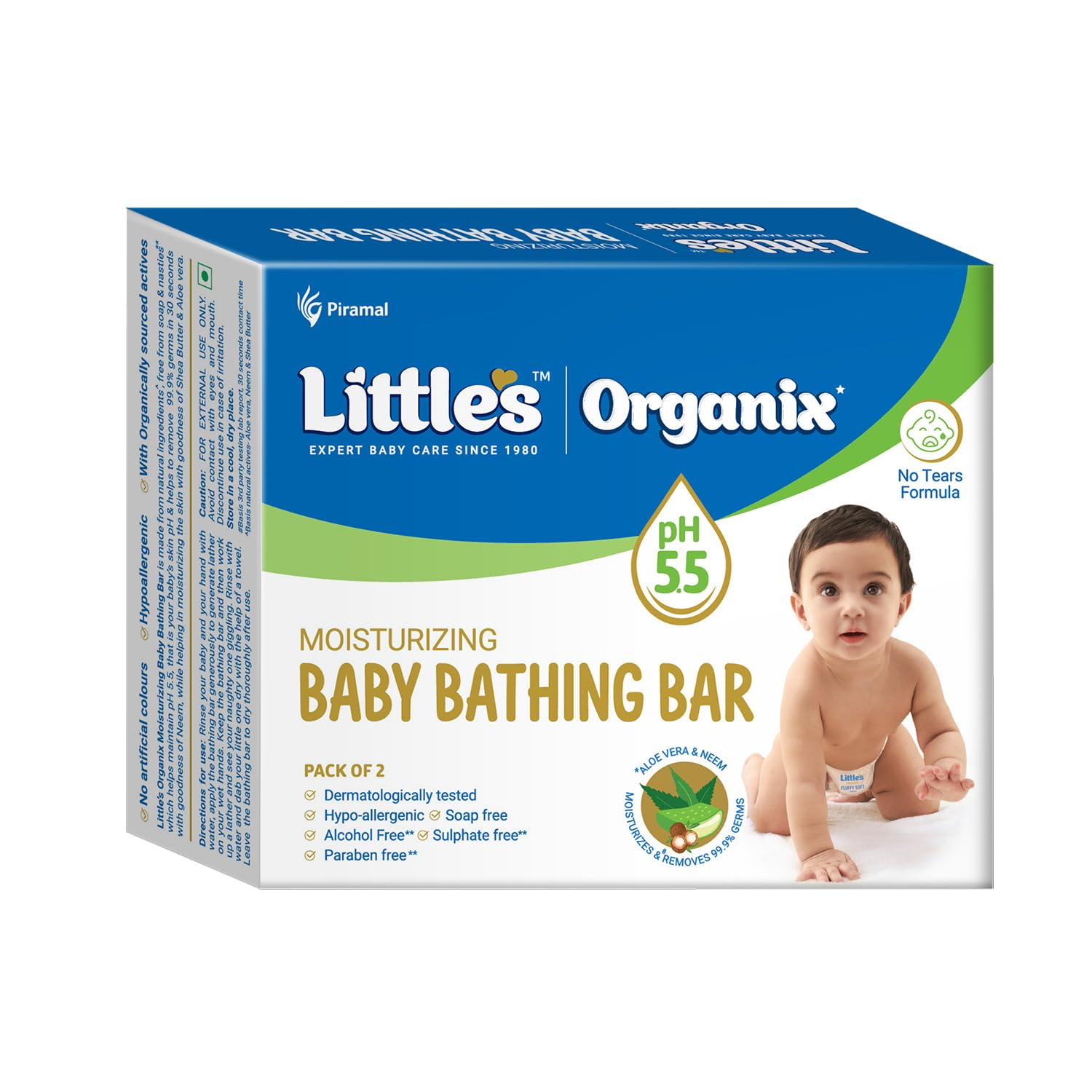Little's Organix Moisturizing Baby Bathing Bar | Skin Balanced pH 5.5 | 75g x PO 2 | 100% Soap Free & Tear Free Newborn Baby Soap | Shea Butter, Aloe & Neem | Hypoallergenic & Dermatologically Tested-image-7