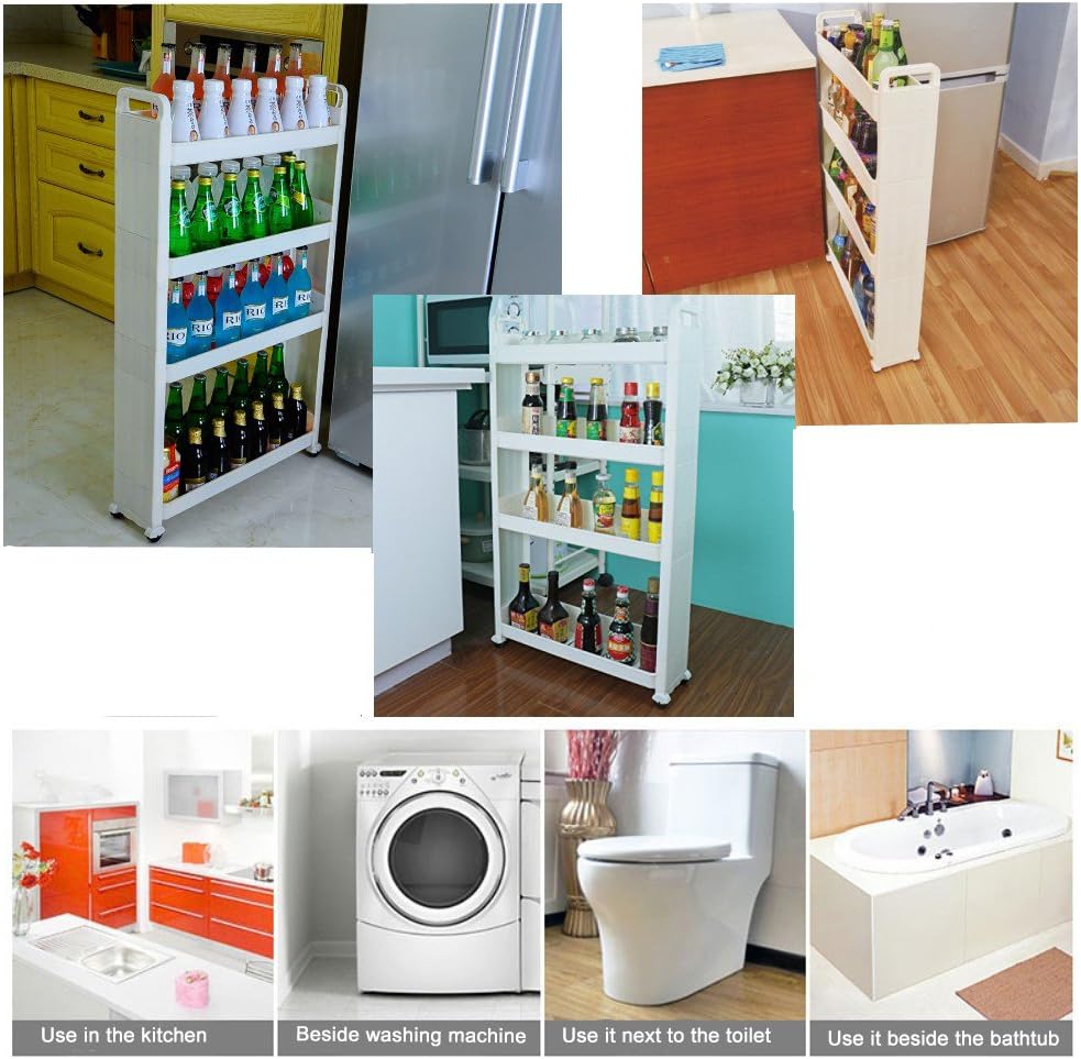 BAOYOUNI Slim Storage Cart Between Washer Dryer Cabinet Rolling Shelf Slide Out Tower Narrow Space Organizer Rack with Wheels for Laundry, Bathroom, Kitchen & Living Room (4-Tier)