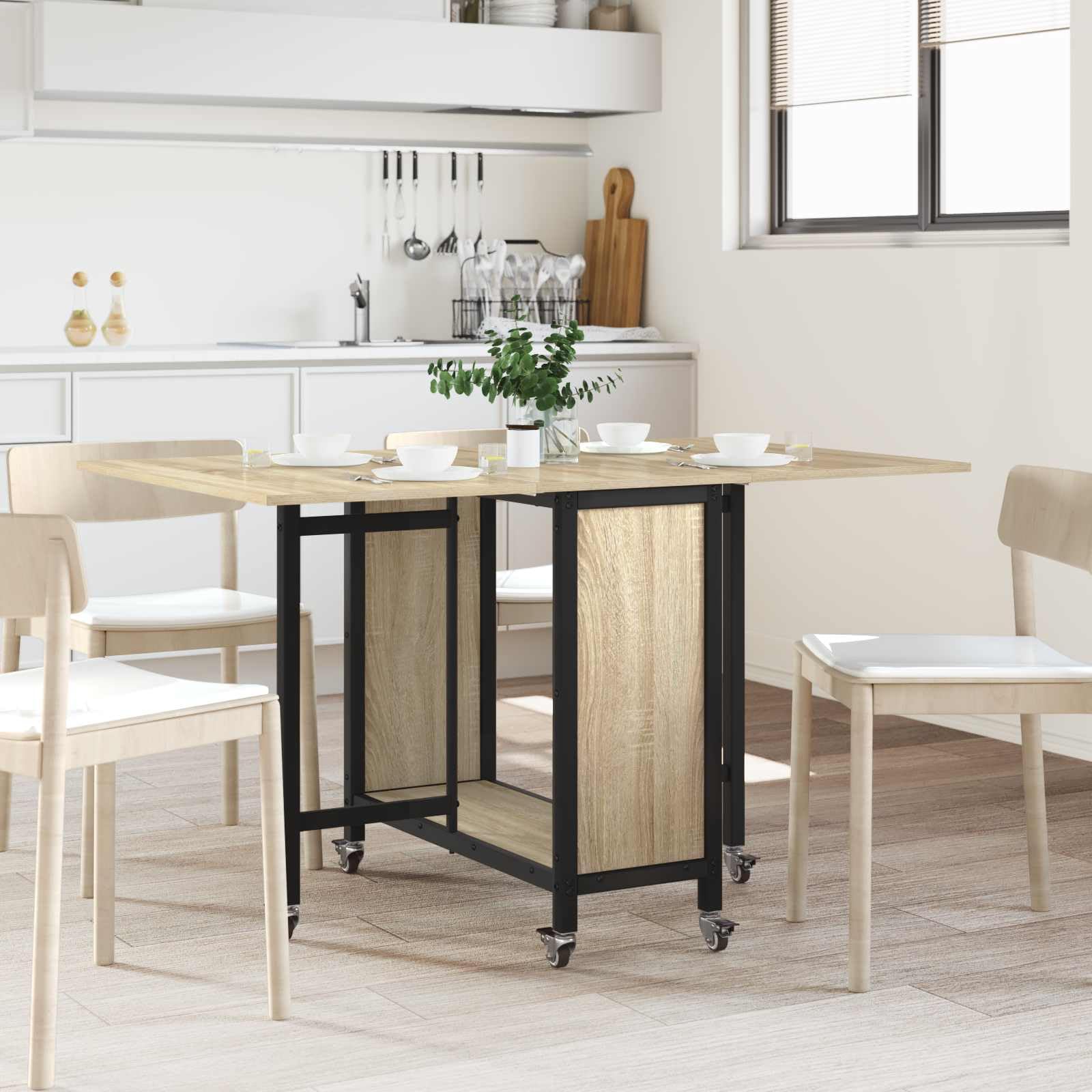 Table à manger pliable avec roulettes, acier PB, 130 x 80 x 76,5 cm, peu encombrant, pliable, avec compartiment de rangement, utilisable comme table de cuisine