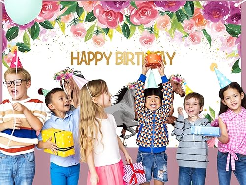 Miniatura 7 de Telón de fondo de caballo para fiesta de feliz cumpleaños, vaquera occidental, caballos, fondo floral rosa, pancarta de cumpleaños, decoración de