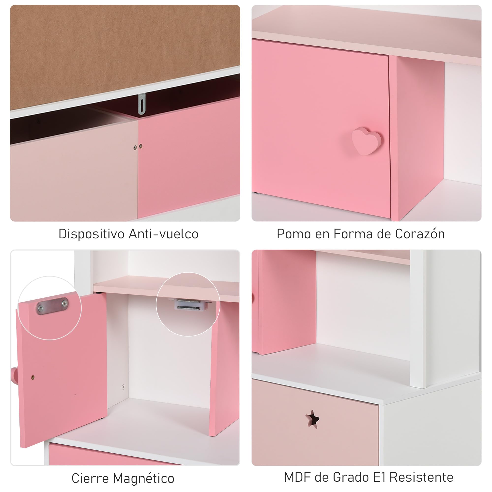 HOMCOM Kinderbuchregal aus Holz Kinderbuchregal mit 4 Fächern 1 Tür und 2 herausnehmbaren Schubladen mit Rädern für Bücher Spielzeug 80x34x130 cm Rosa und Weiß