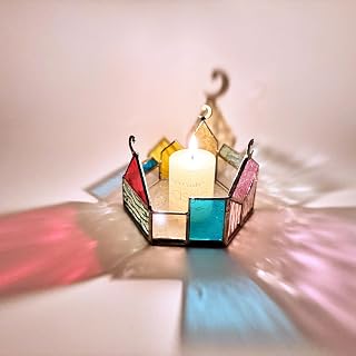 Handmade Votive Stained Glass Candle Holder - Castle & Moon Design,1Pack Exquisite ReeGii Tealight Candle Holder,Ideal for Handmade & Stained Glass Lovers (No Candle Included)
