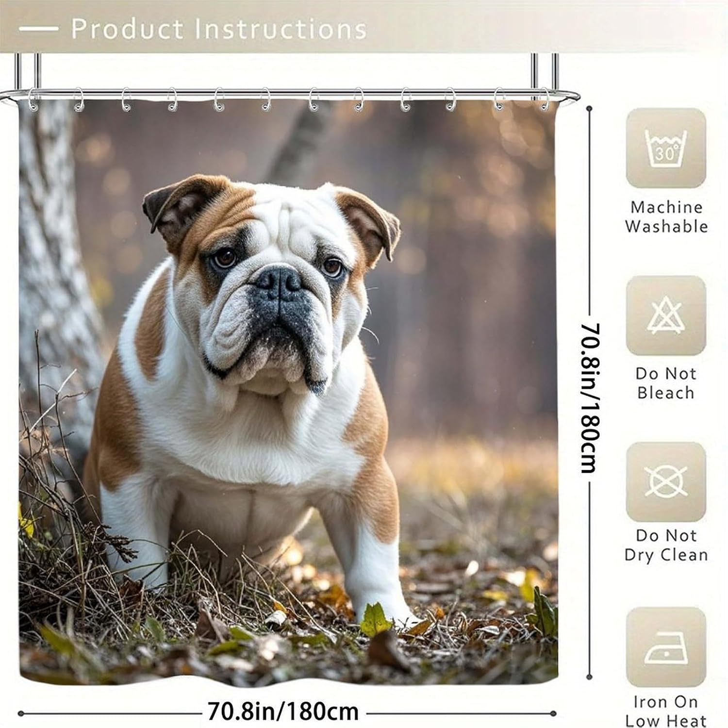 English Bulldogs Shower Curtain with Hooks, Personalized Bath Curtain for Home, Washable Shower Liner for Hotel, Reusable Bath Curtains for Apartment, 70.8×70.8 Inches