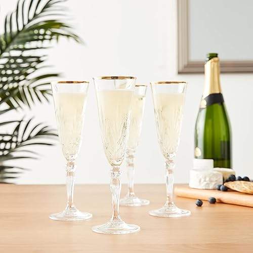 Miniatura 4 de Lorren Home Trends Siena Collection - Juego de 4 vasos de cristal con diseño de banda dorada, diseño de flauta