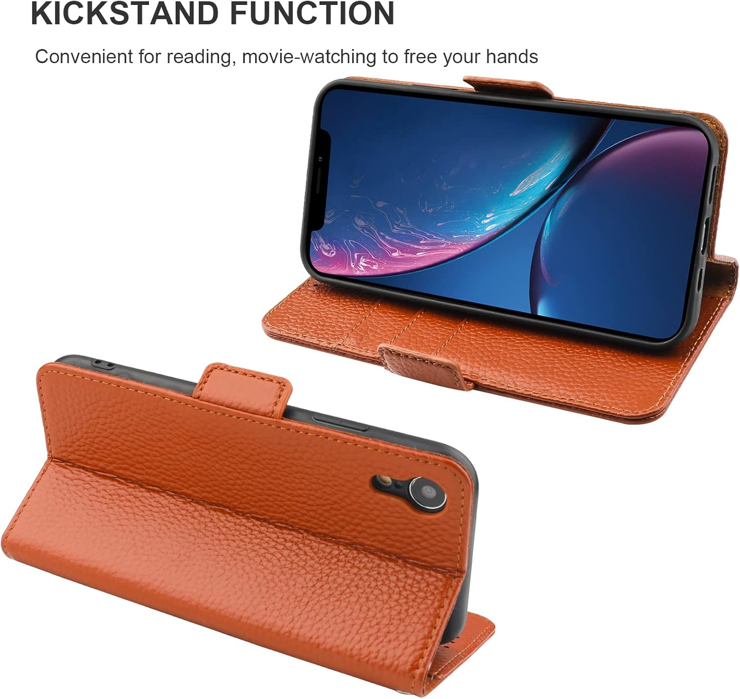 Bocasal Wallet Case for iPhone XR, Genuine Leather Support Wireless Charging RFID Blocking Flip Case Card Slots Holder, Kickstand Book Folding Folio Cover with Wrist Strap 6.1 Inch (Brown)