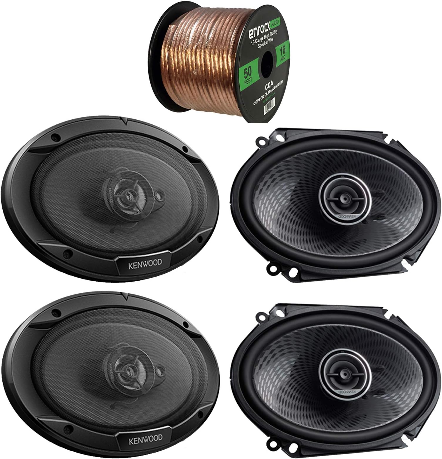 2 Pair Car Speaker Package of 2X Kenwood 720-Watt 6x8 Inch 2-Way Black Coaxial Custom Fit Speakers + 2X 6x9 400 Watt Peak Power 3-Way Car Audio Speaker + Enrock 16g 50 Ft Speaker Wire
