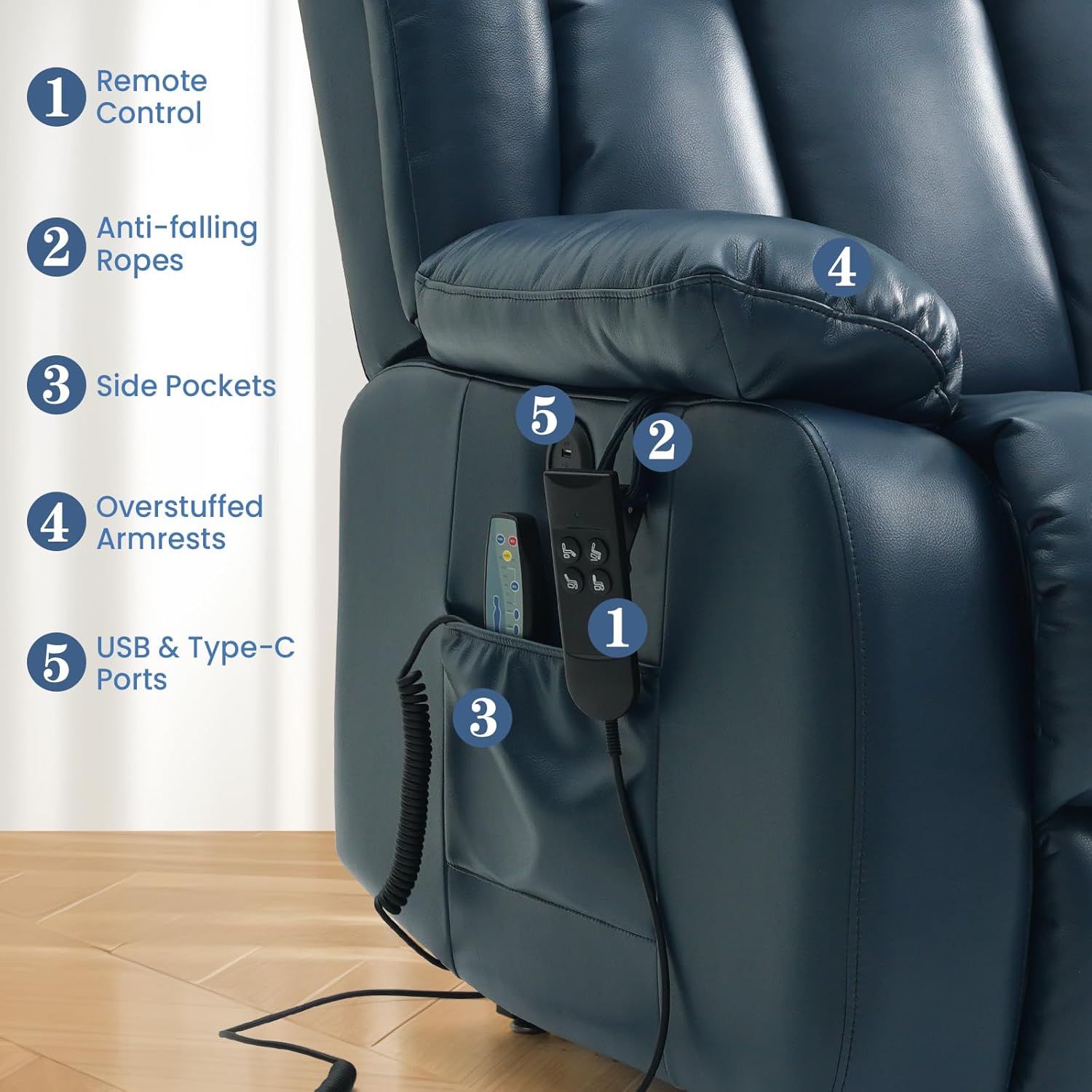 Lift Recliner Chair, Dual Motor Infinite Position Lay Flat Lift Chairs with 8-Point Massage & Heat,USB/Type-C Ports, Dual Remote Control,Heavy Duty 350lbs Capacity, Width 18.6" (Leather, Dark Blue)