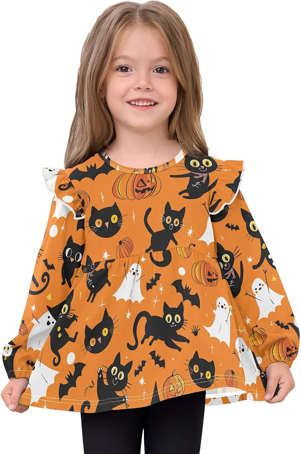 visesunny Toddler Clothes for Girls Orange Magic Cat Pumpkin Long Sleeve Fall Shirts Cotton Top with Ruffle Collar