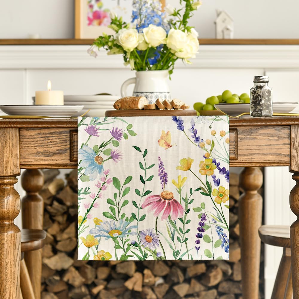 Artoid Mode Chemin de table motif marguerites lavande et feuilles de printemps, décoration de table d'été pour cuisine, salle à manger, décoration de fête à la maison, 33 x 121 cm