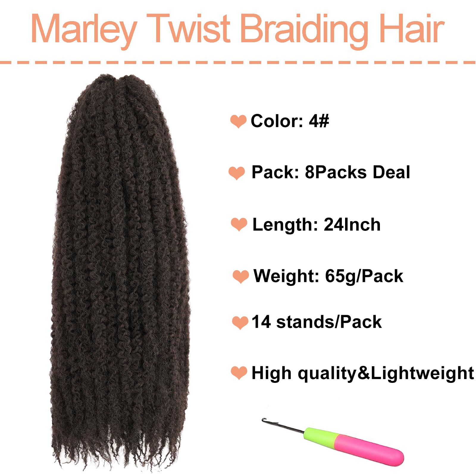 Mscat Marley Twist Hair 24 Inches - 8 Packs Dark Brown Afro Kinky Curly Faux Locs (4#), 24 Inch (Pack of 8) - Image 2