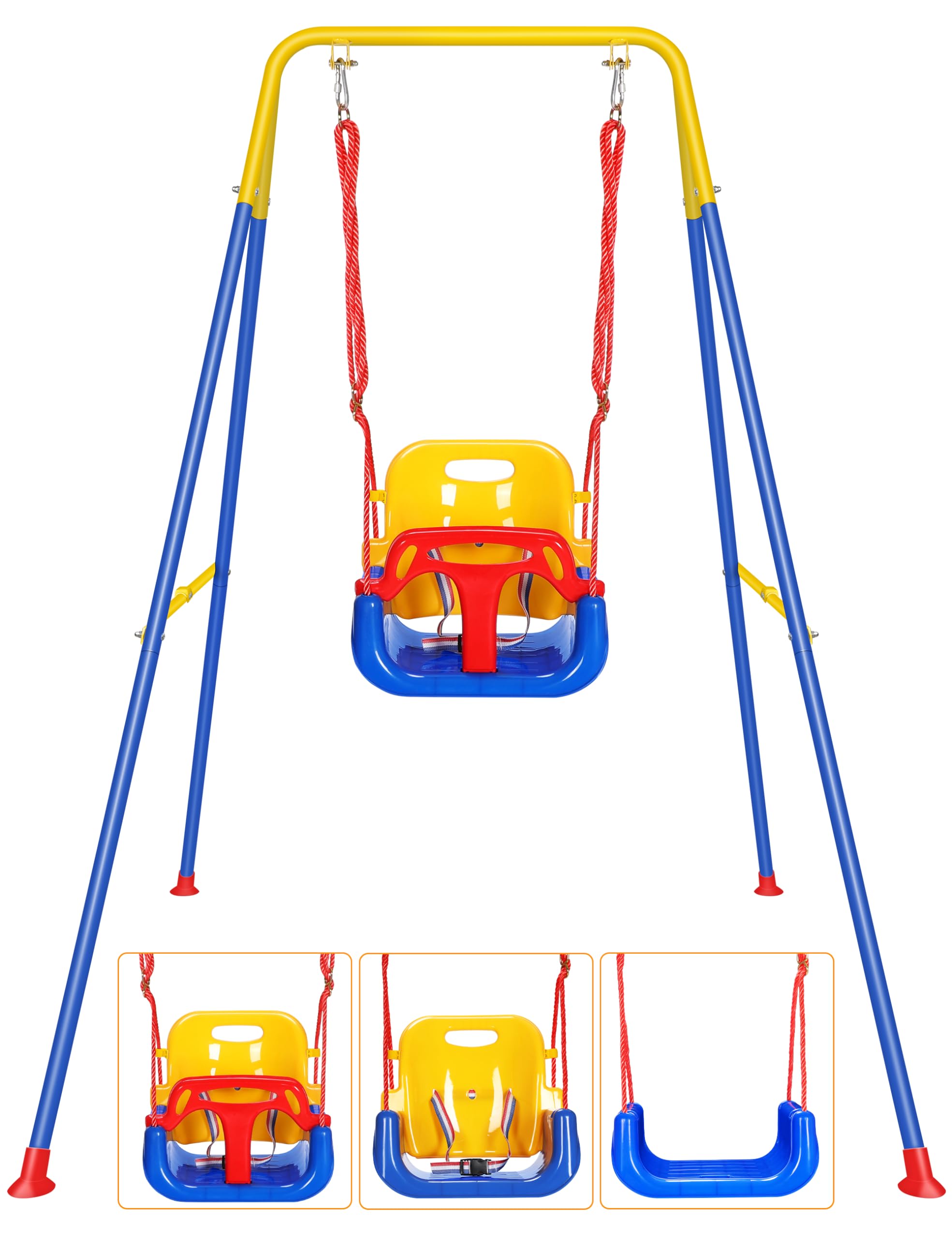 3-in-1 Baby Toddler Swing with 4 Sandbags, Toddler Swing for Outdoor/Indoor Backyard Play, Kids Swing Set with a Foldable Metal Stand, Easy to Assemble & Store