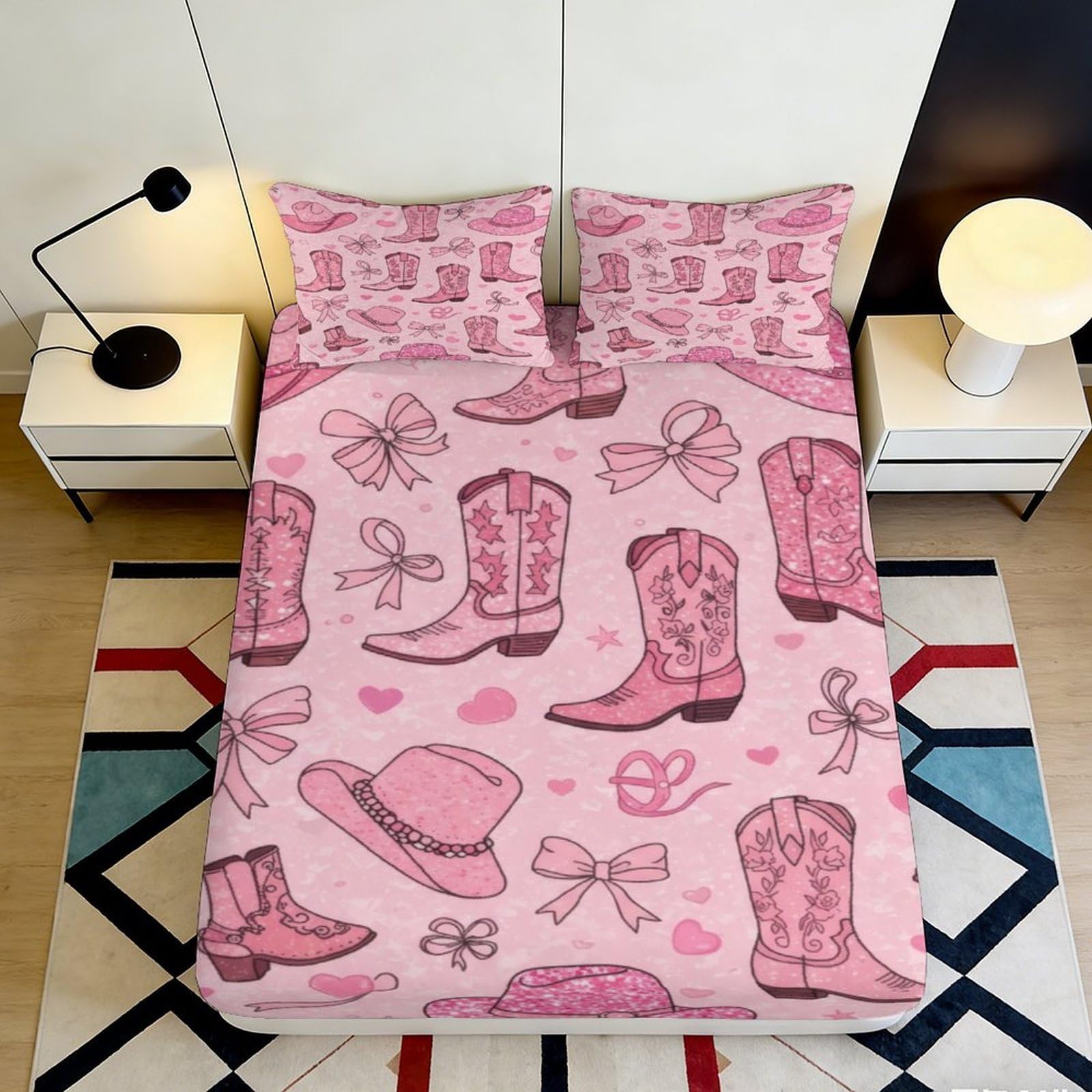Jqzkxnhpbr Style-7 3D Printed Pink Cowboy Boots Fitted Sheet Microfiber Soft Breathable Western Hat Bed Cover For Bedroom Decor 90X200x25cm