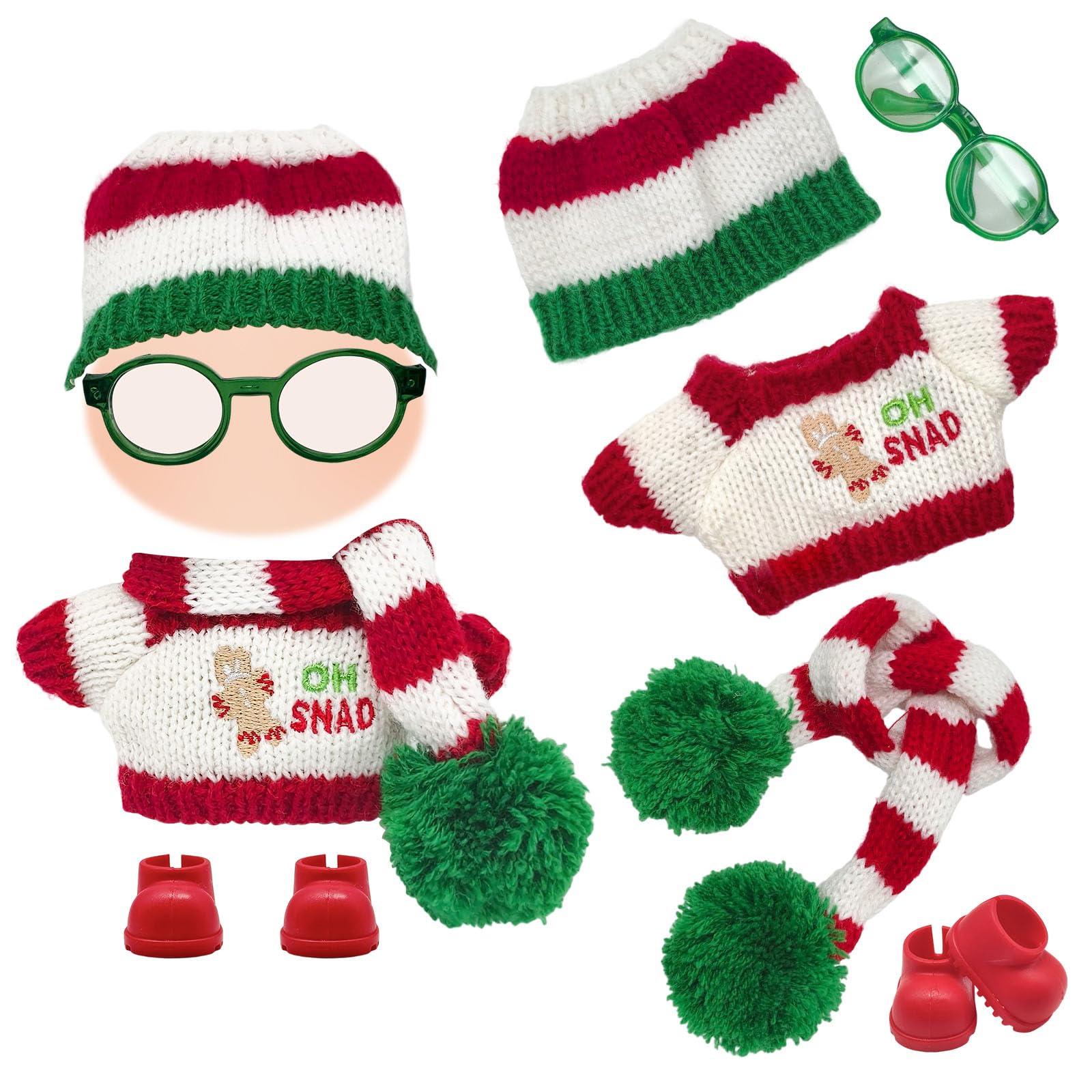 Doll Clothes For 17cm Plush Dolls,Cute Cartoon Plush Doll Outfit, Includes Gingerbread Man Two-Piece Set + Emerald Green-Tinted Spectacles + Red Shoes Not Include Doll