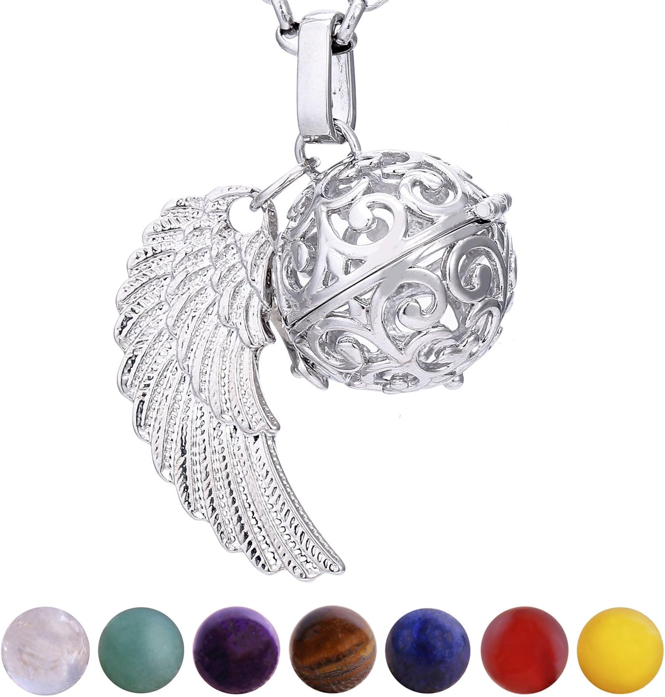 Women Necklace 70 cm 27.5" Stainless Steel with Pendant and 7 Gemstones Chakra Balls in Jewellery Bag