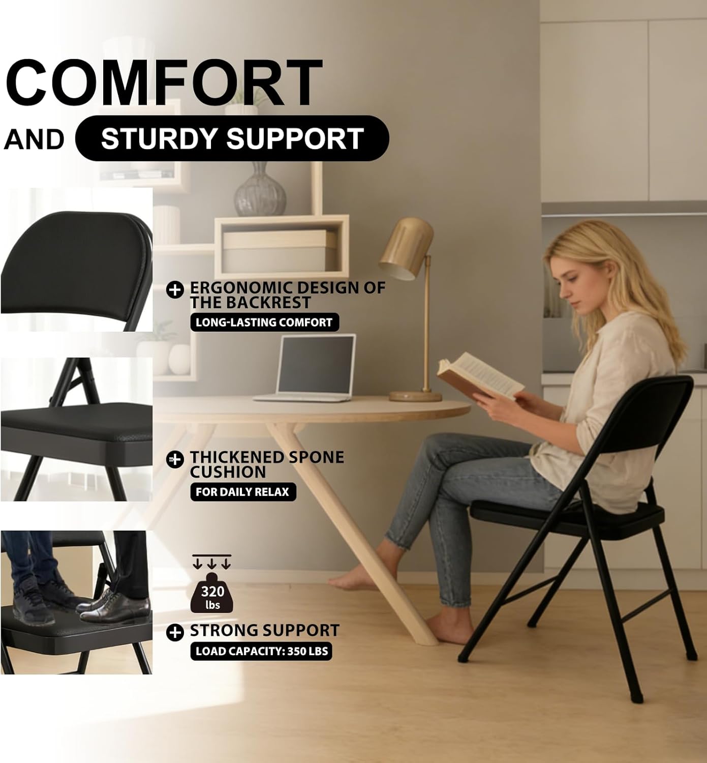 Set of 10 Folding Chairs with Cushion, No Assembly Wedding Chair, 280 LBS Capacity, Padded Folding Chairs 10 Pack for Banquet, Party, Picnic, Outdoor & Indoor Events, Black