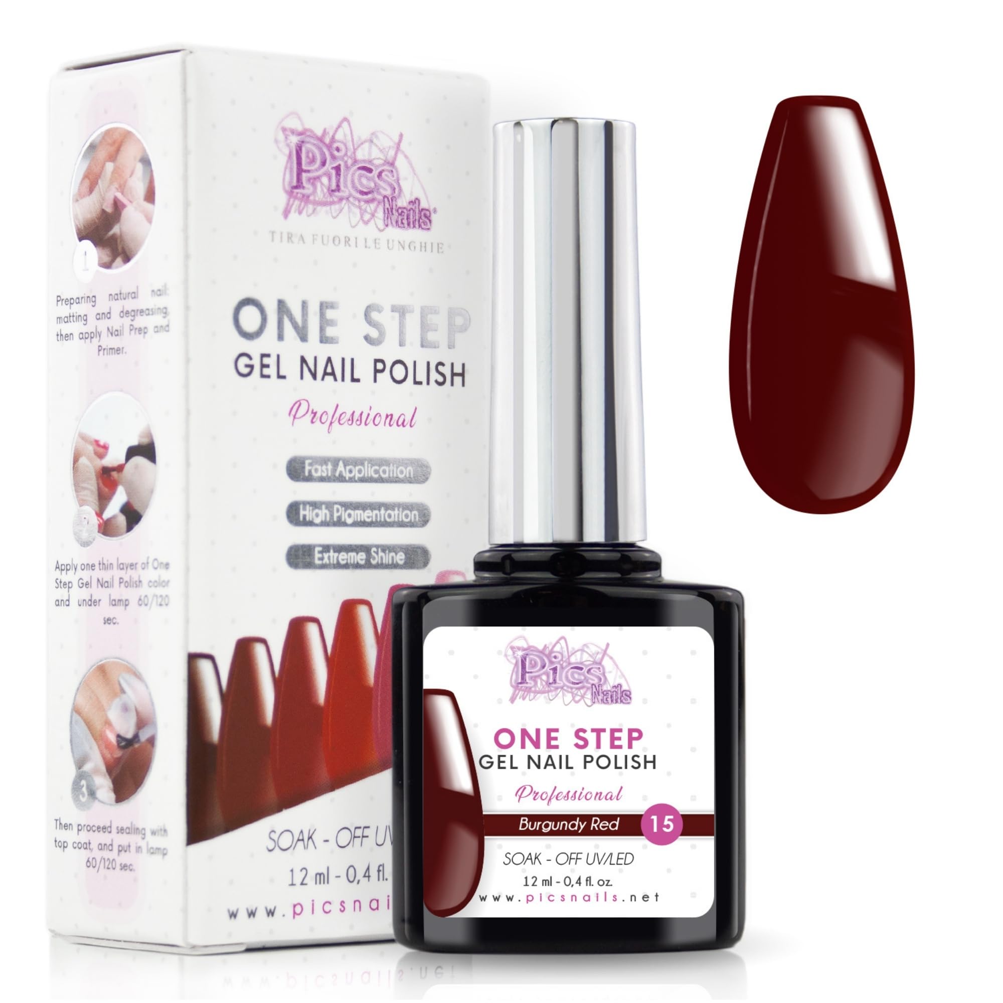 Esmalte Semipermanente UV/Led One Step 12 ml - Rojo Bordelés - Gel Uñas Profesional Brillantes con o sin Base y Top Coat.