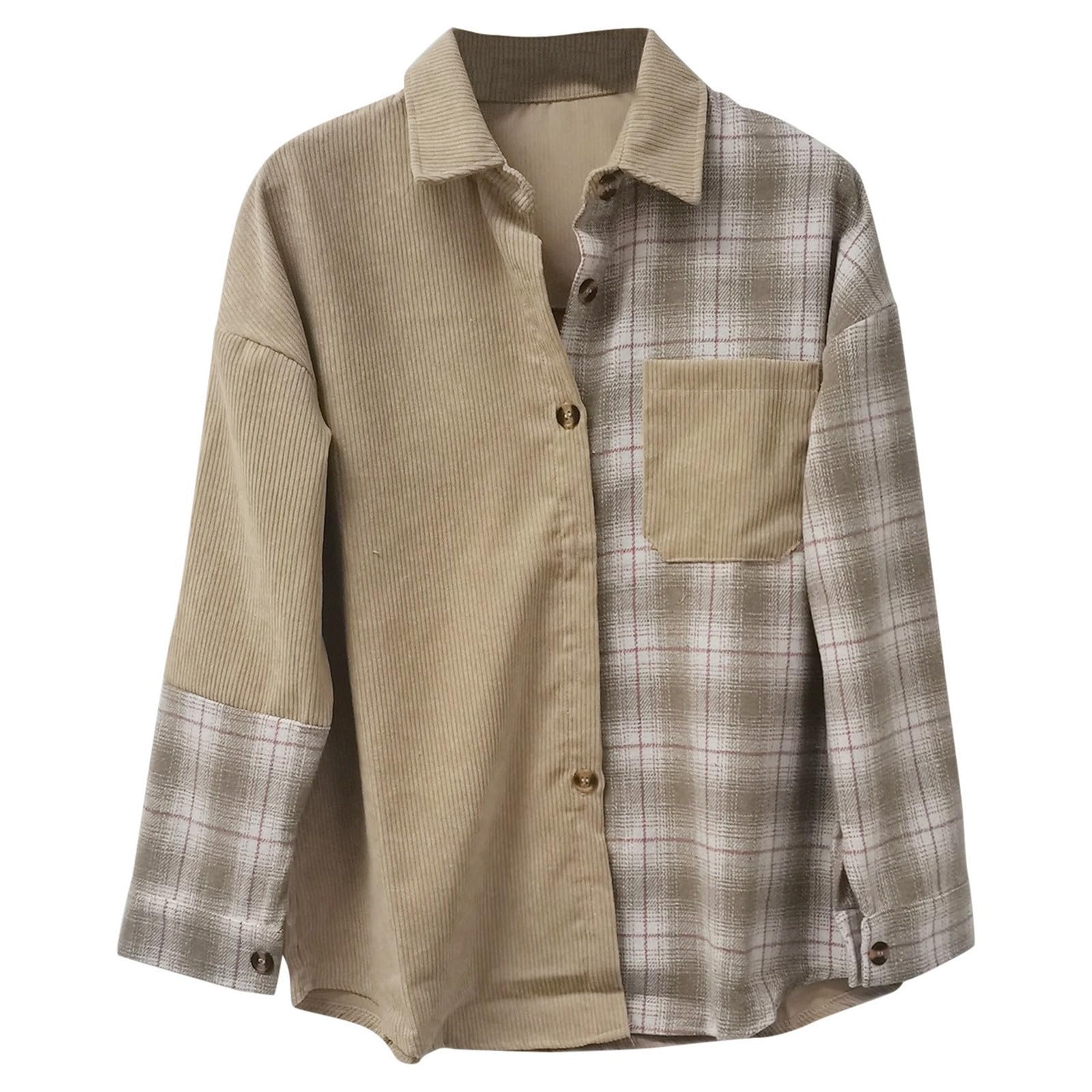 Blusa para mujer, camisa de pana a cuadros de color a cuadros, manga larga, abotonada, blusas de gran tamaño, tops con bolsillos