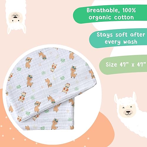 Miniatura 4 de hugs & llamas Mantas para envolver 100% muselina de algodón orgánico, unisex, extra suaves, mantas para recién nacidos y bebés, lavables a máquina,