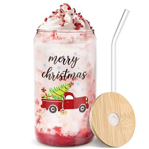 Christmas Glass Cups with Lids and Straws, Christmas Gifts for Women, 16oz Christmas Iced Coffee Glass, Xmas Tumbler Beer Can Glass, Christmas Decorations, Christmas Gift Ideas for Mom Sister Friend