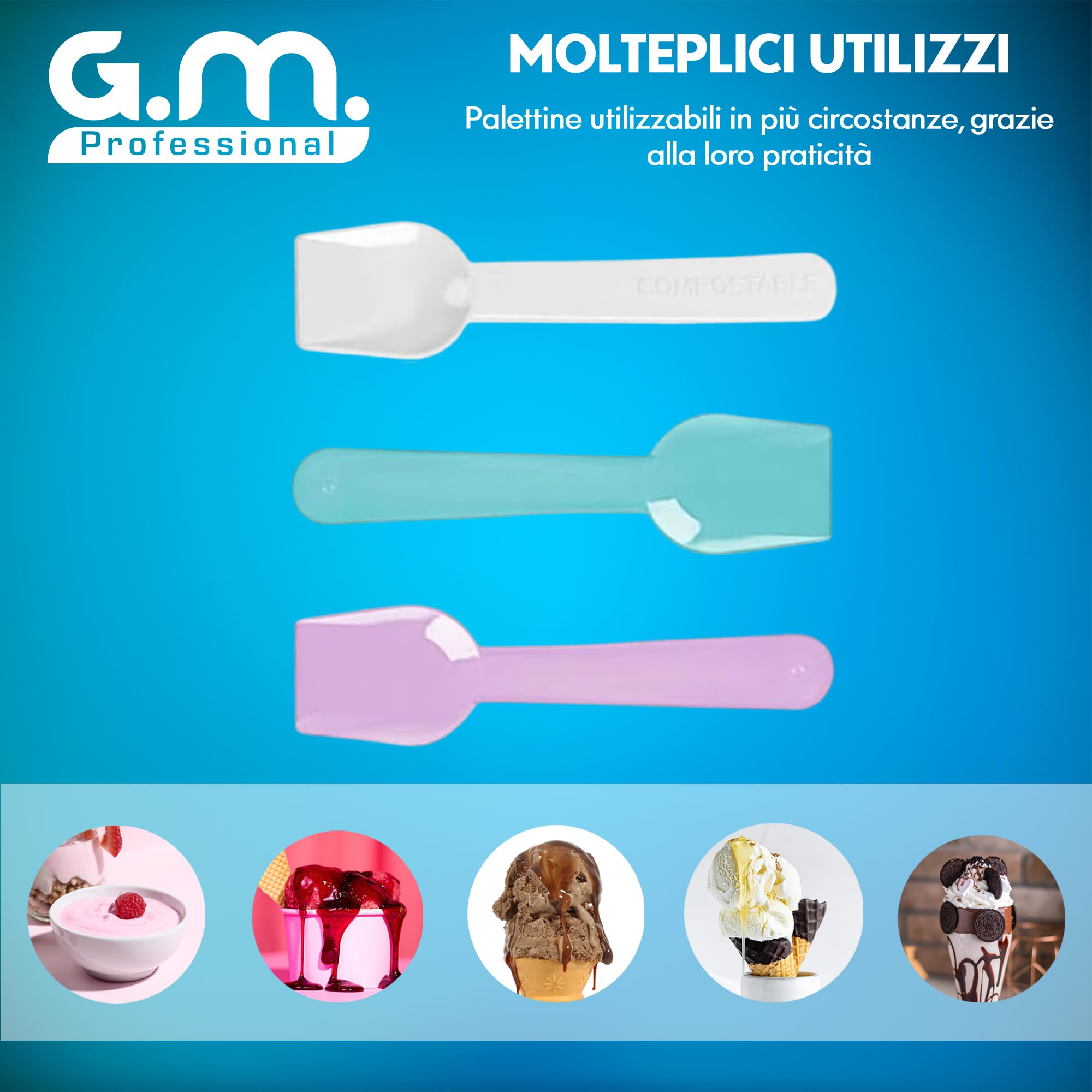 GM 1000 Cucchiaini per il Gelato Riutilizzabili Colorati, Imbustate Singolarmente, Palette Compostabili per dolci dessert gelato, Misura 9,5 cm