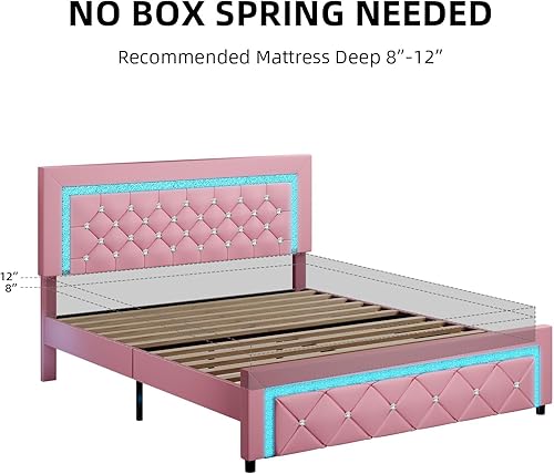 Miniatura 6 de BarnFurin Base de cama Queen con luces LED, plataforma tapizada con cabecera capitonada de diamante, no necesita somier, sin ruido, fácil montaje,