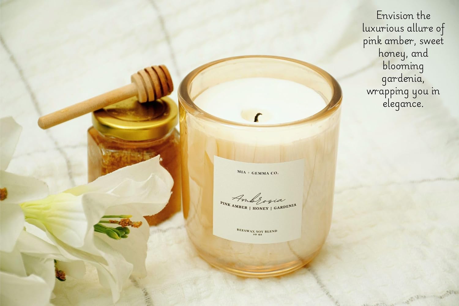 Ambrosia | Pink Amber Sweet Honey Gardenia Scented | Mia + Gemma Co. Beeswax Soy Blend Candle | 10oz Non Toxic & Cruelty Free Cotton Wick 65+ Hours Clean Burn Handcrafted Home Gifts for Fall Holidays