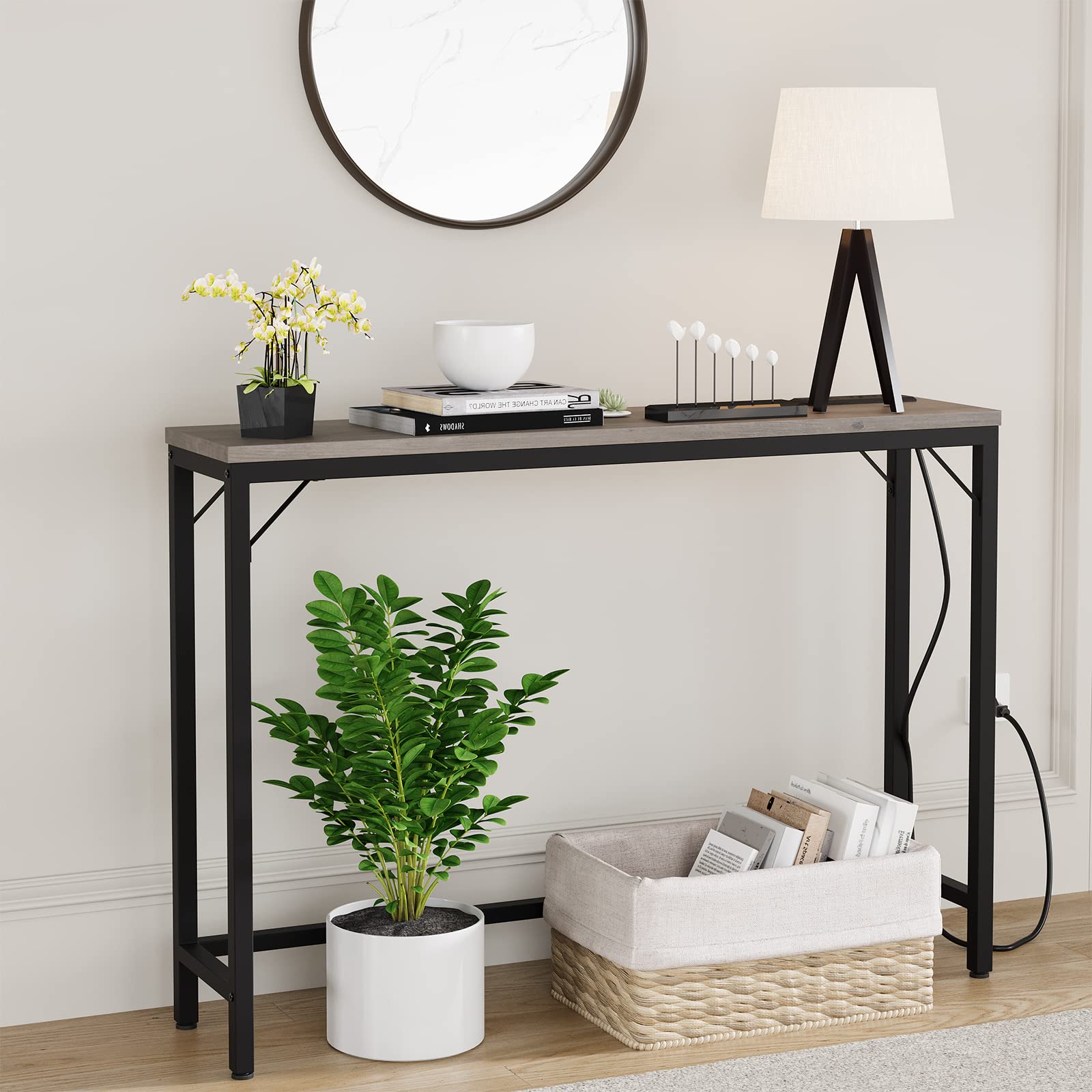 Litake Schmal Konsolentisch mit Steckdose und USB-Anschluss, 100 x 23 x 80 cm Beistelltisch Flurtisch Kleiner Ausstellungstisch Sofatisch Vintagebraun-schwarz ür Flur, Foyer, Wohnzimmer, Vintage Grau