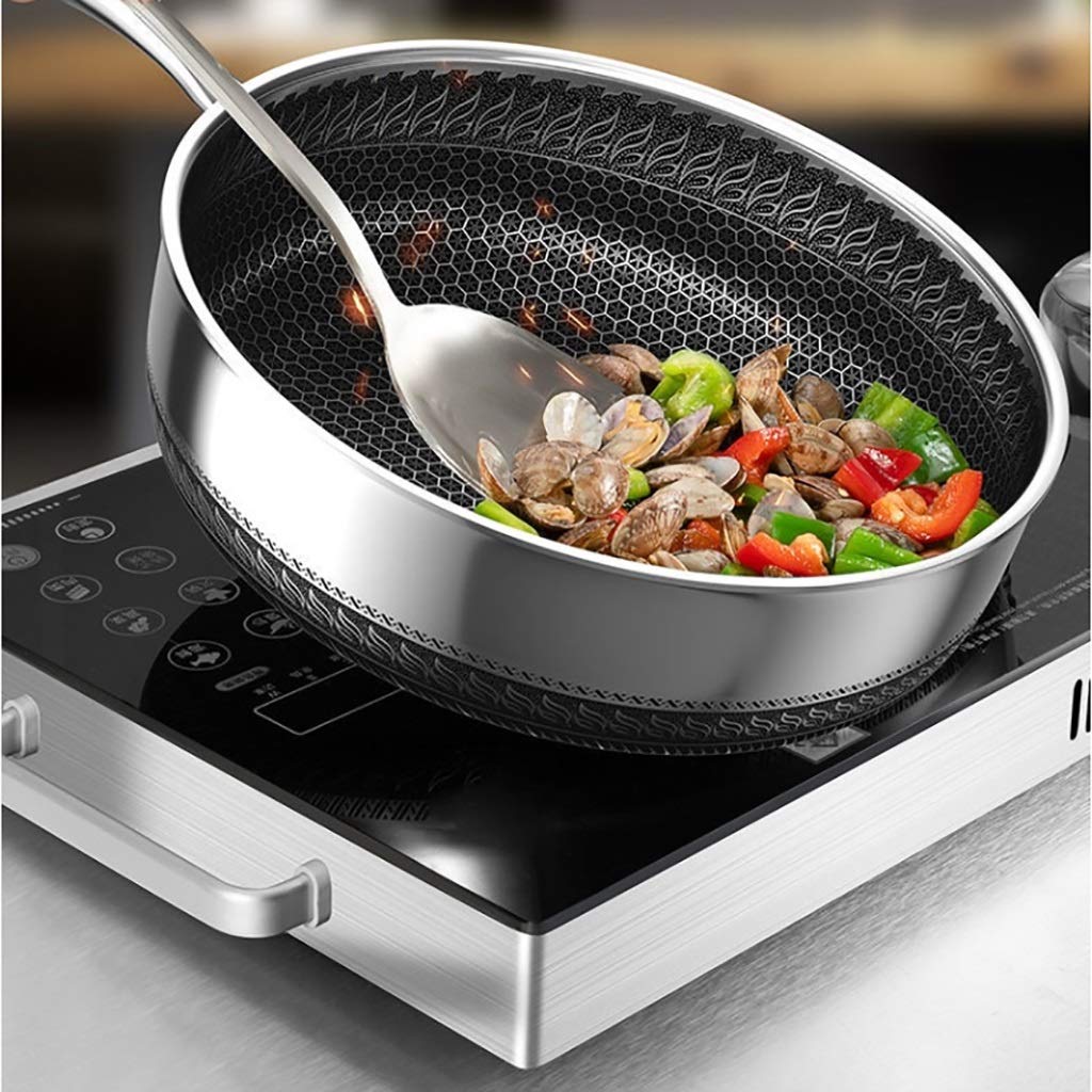 Sartén/Fry Wok/316 Acero Inoxidable Pan Antiadherente/Cocina con Tapa sin Recubrimiento, 30cm