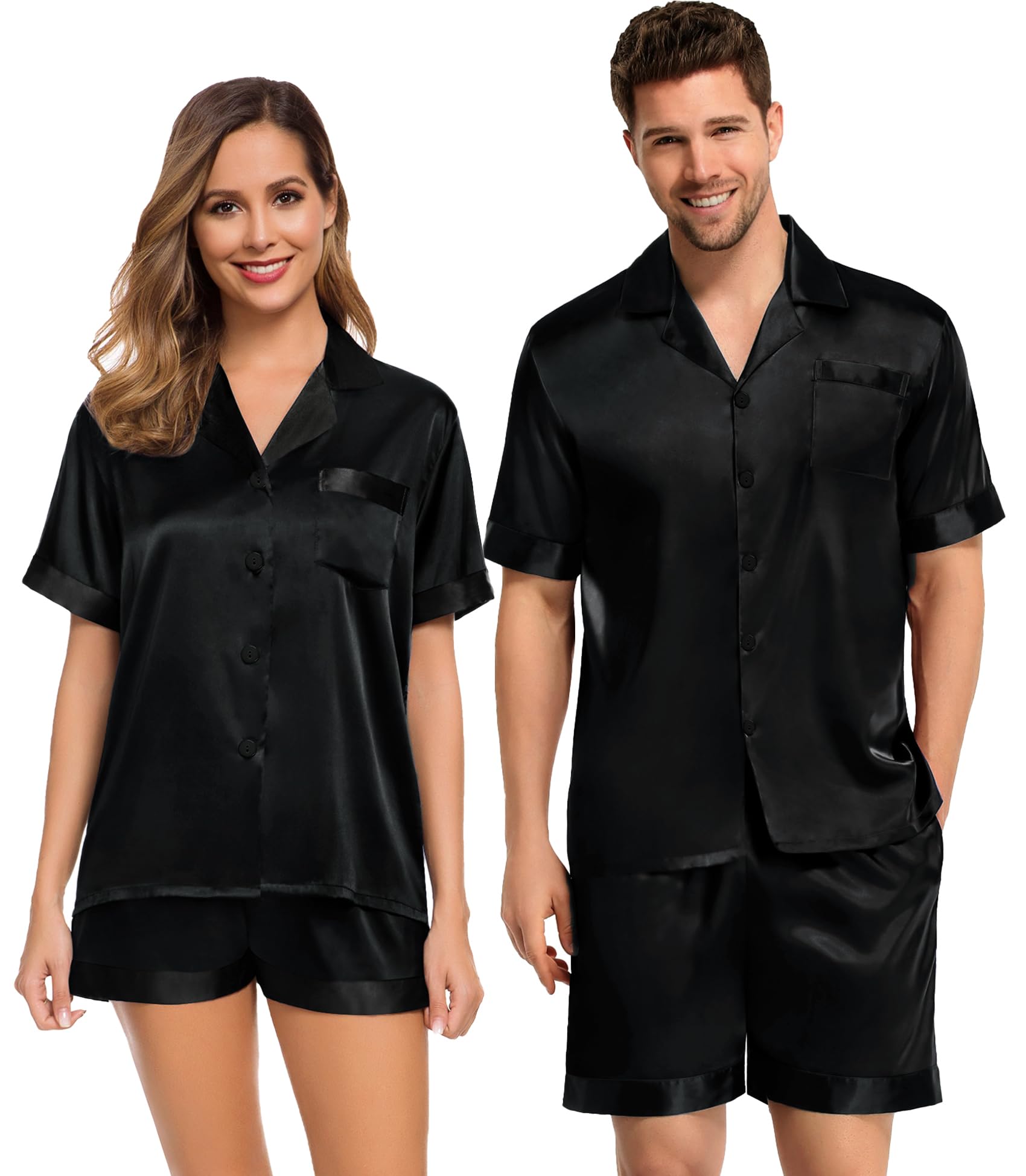swomog Mens Satin Pajama Set Short Sleeve Button Down Top Soft Silk Sleepwear Short Pants Loose Loungewear with Pockets-picture-46