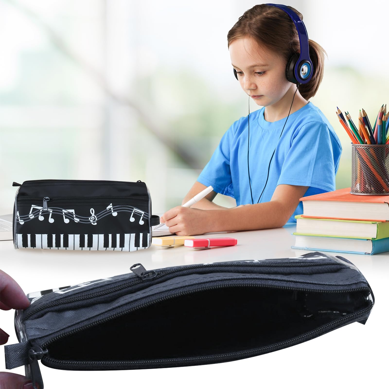 MEISH Large Music Themed Pencil Case Music Notes Piano Keyboard Pencil Case Portable Stationery Pouch Bag Stationery Office Supplies for Teen Kid - Image 3