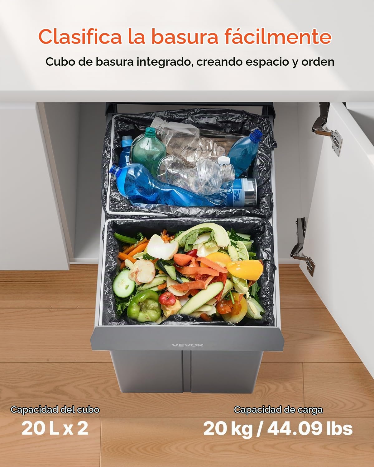 VEVOR Cubo de Basura Extraíble a Armarios de Cocina, 20 L x 2, para Debajo del Fregadero, Bajo Encimera, con Sistema Deslizante de Extensión Completa de Metal Resistente y Asa, 492 x 340 x 430 mm