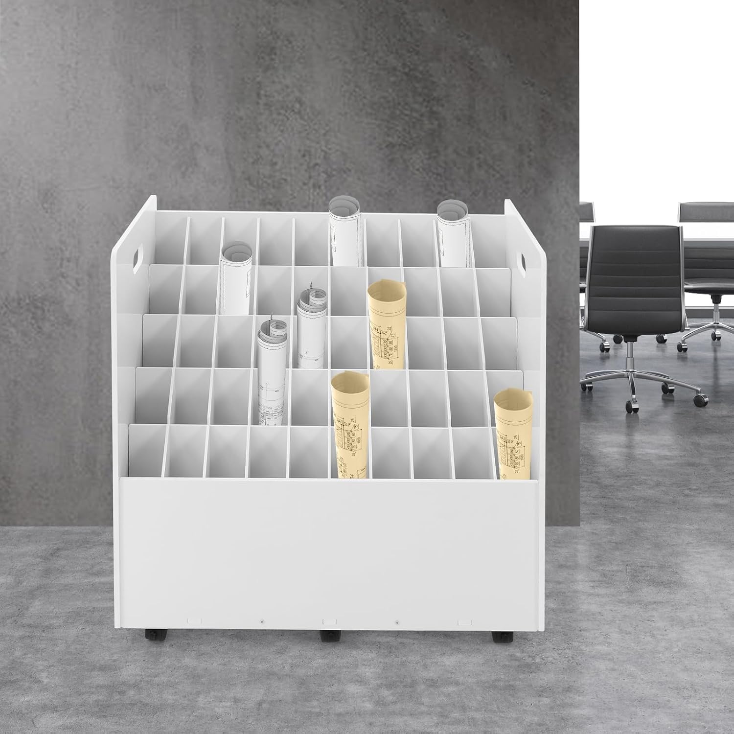 Organizzatore a rulli con ruote per progetti, planimetrie e documenti. Scaffale portaoggetti a 2050 scomparti con ruote per disegni, poster, mappe, opere darte e archiviazione per ufficio. (50-Slots)