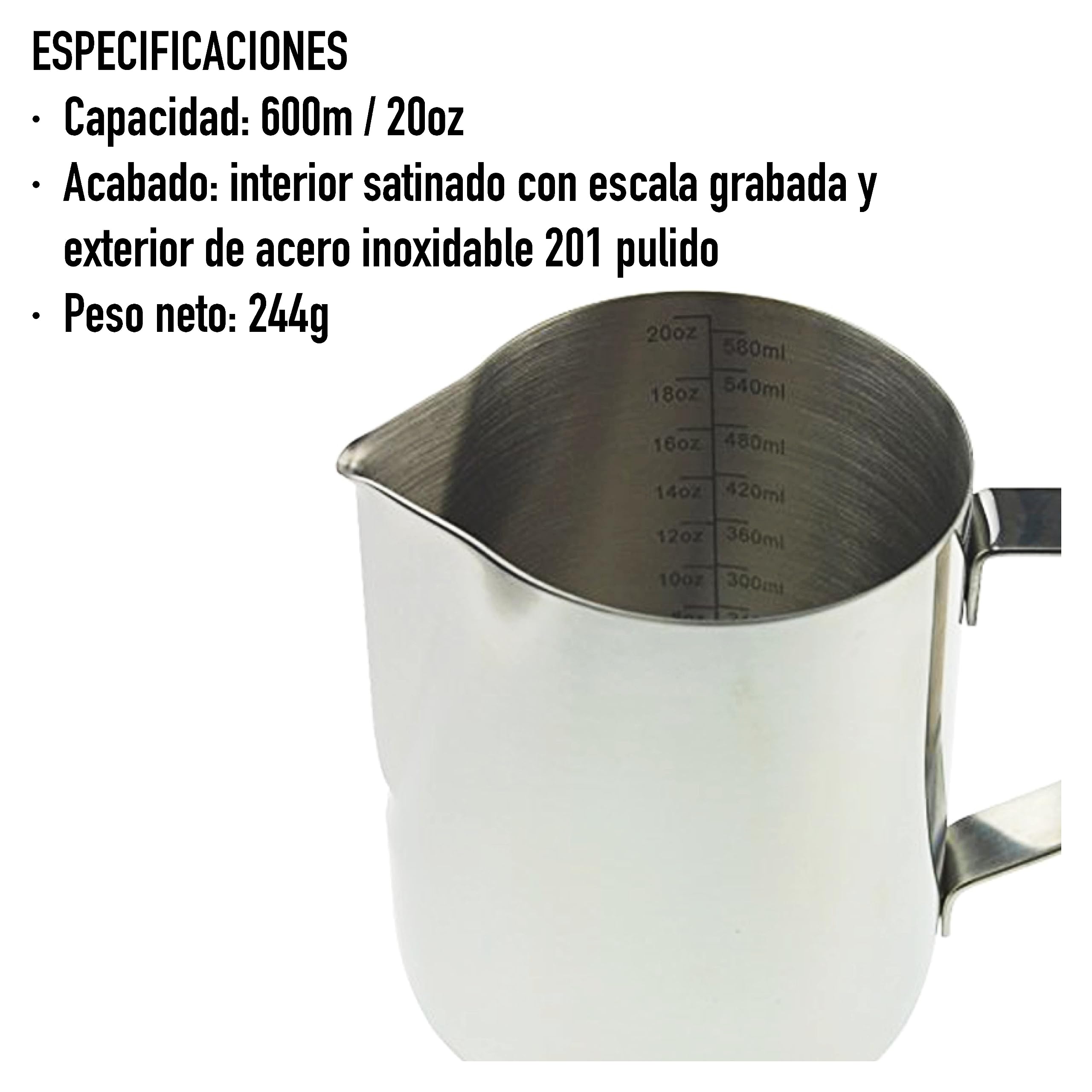 Jarra de leche Barista de 600 ml para máquina de café, jarra de espuma de leche, jarra de vapor de metal, jarra de vapor de leche ideal de acero inoxidable para espumar leche accesorios de máquina de
