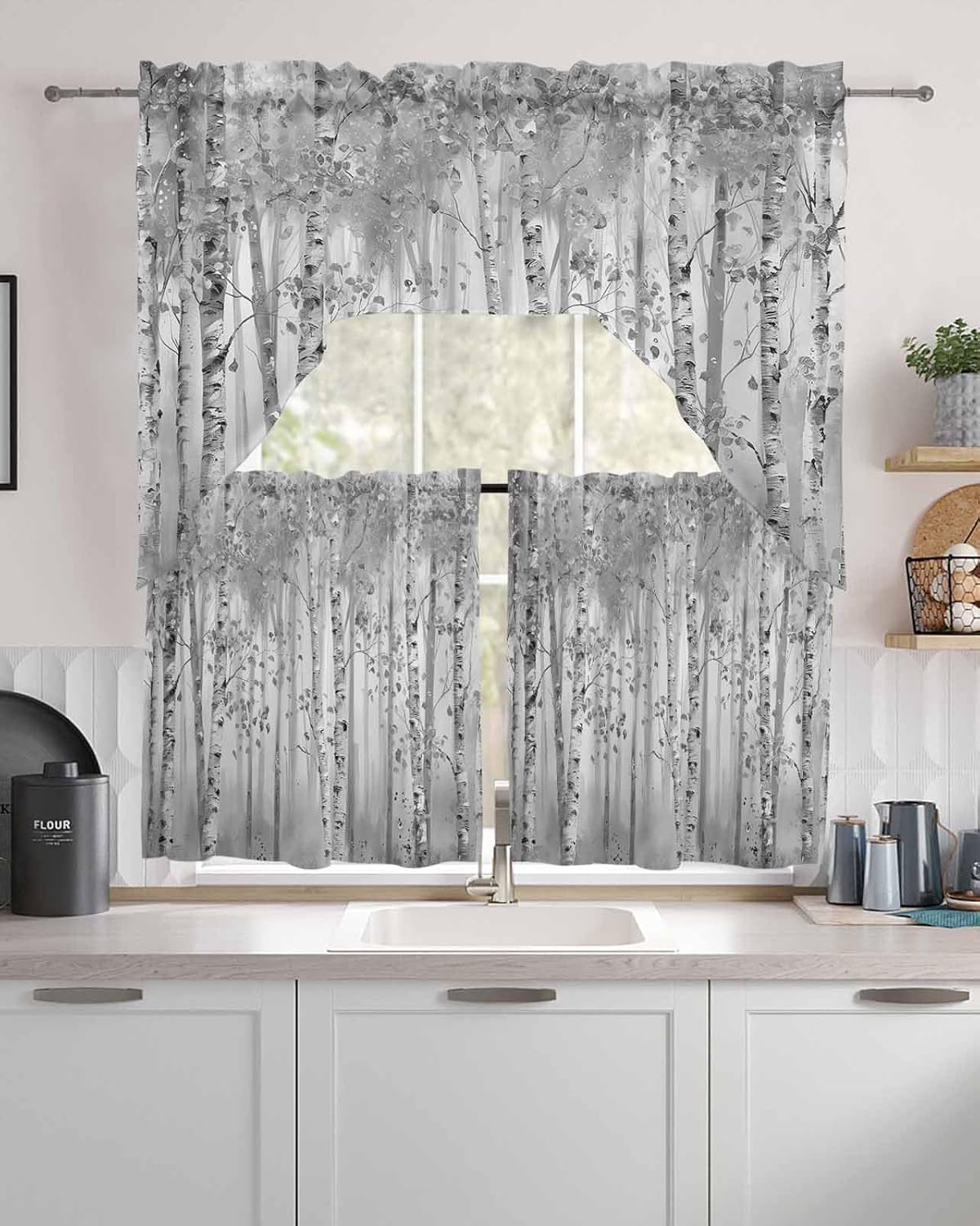 Grey Forest Swag Kitchen Curtains Valance and Tier Set 24 Inch Length, Modern Abstract Tree Smear Art Retro Painting Rod Pocket Swag Curtains for Living Room Bedroom Bathroom Window Drapes 3 Piece